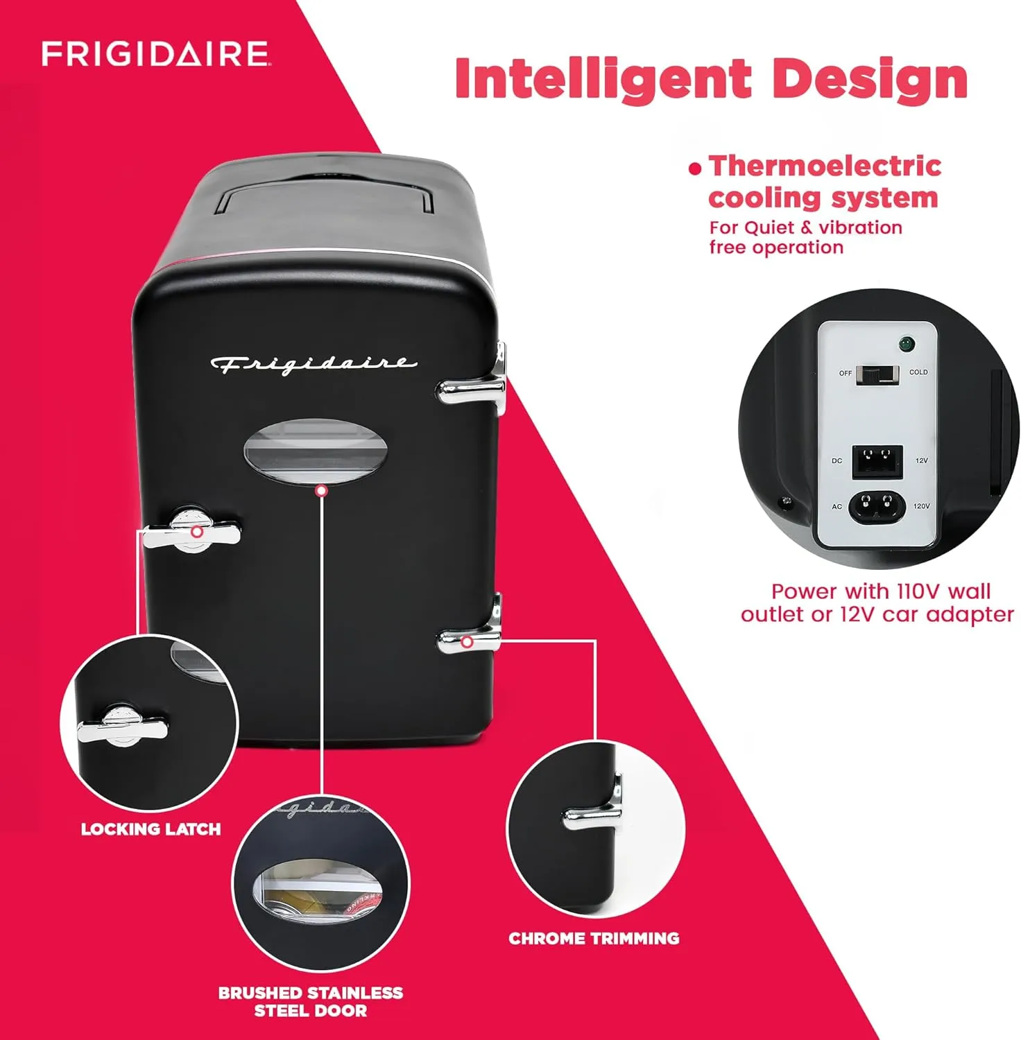 Frigidaire Retro Mini Personal Fridge Cooler, Holds up to 9 Cans, Portable & Compact, AC Plug & 12V Car Charger – Black