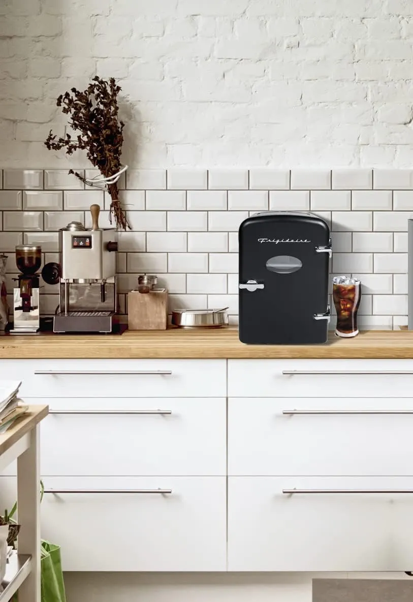 Frigidaire Retro Mini Personal Fridge Cooler, Holds up to 9 Cans, Portable & Compact, AC Plug & 12V Car Charger – Black