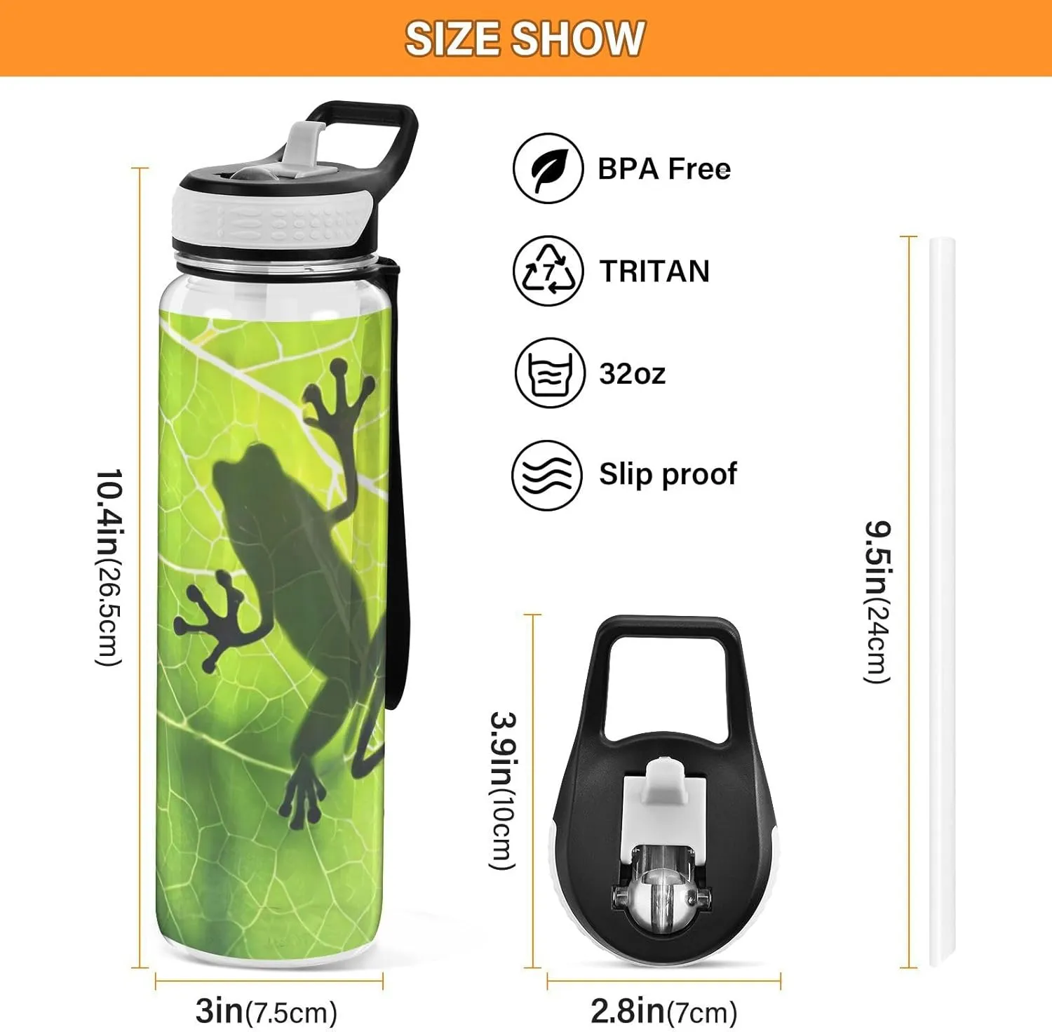 Frog Shadow on Leaf Water Bottles, Reusable BPA Free Tritan Sports Bottle with Straw, Large Capacity Bottles for Daily Fitness, Gym, Running, Hiking