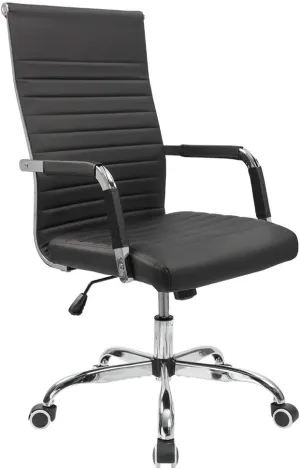 Furmax Ribbed Office Desk Chair Mid-Back PU Leather Executive Conference Task Chair Adjustable Swivel Chair with Arms (Black)