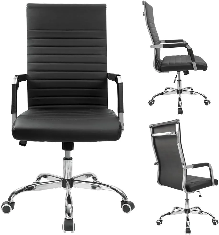 Furmax Ribbed Office Desk Chair Mid-Back PU Leather Executive Conference Task Chair Adjustable Swivel Chair with Arms (Black)