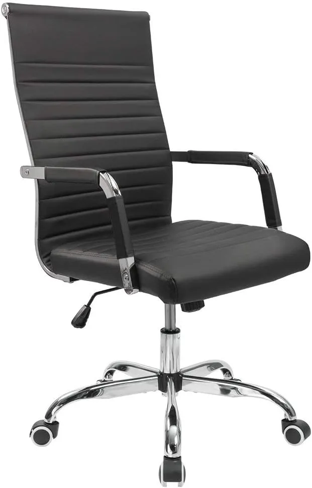 Furmax Ribbed Office Desk Chair Mid-Back PU Leather Executive Conference Task Chair Adjustable Swivel Chair with Arms (Black)
