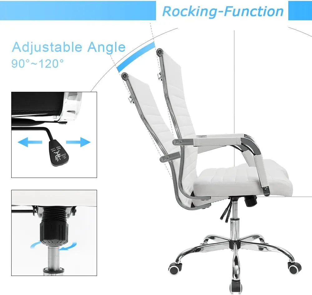 Furmax Ribbed Office Desk Chair Mid-Back PU Leather Executive Conference Task Chair Adjustable Swivel Chair with Arms (White)