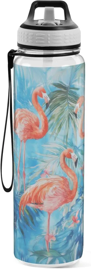 Fustylead Beautiful Pink Flamingos in Jungle 32oz BPA Free Water Bottle, Leak-proof Bottle with Carrying Strap, Clear Sports Bottle for Running Cycling Camping