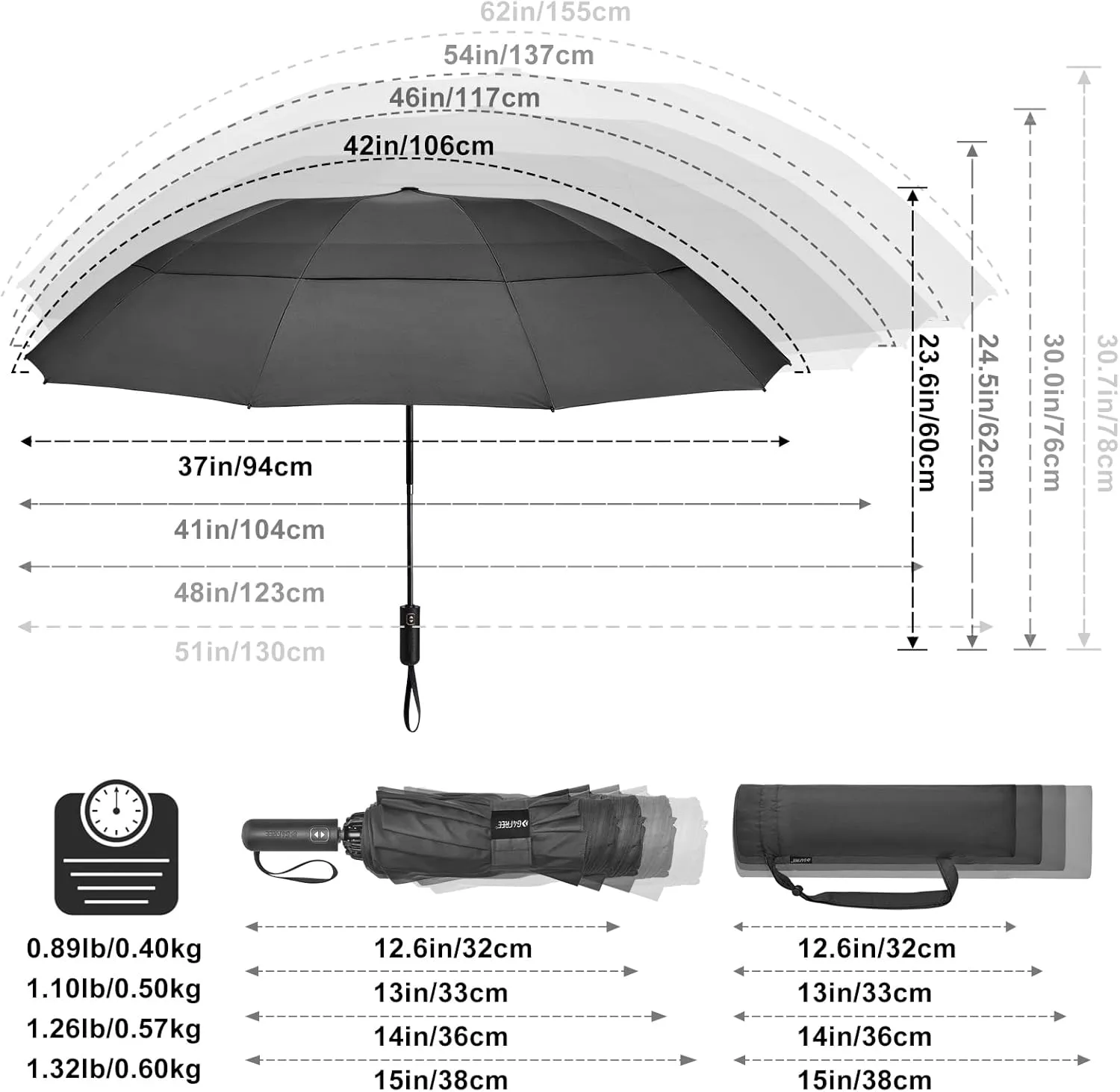 G4Free 42/46/54/62 Inch Large Golf Umbrella Compact Reverse Travel Umbrella 10 Ribs Windproof for Rain Double Canopy Automatic Open Close