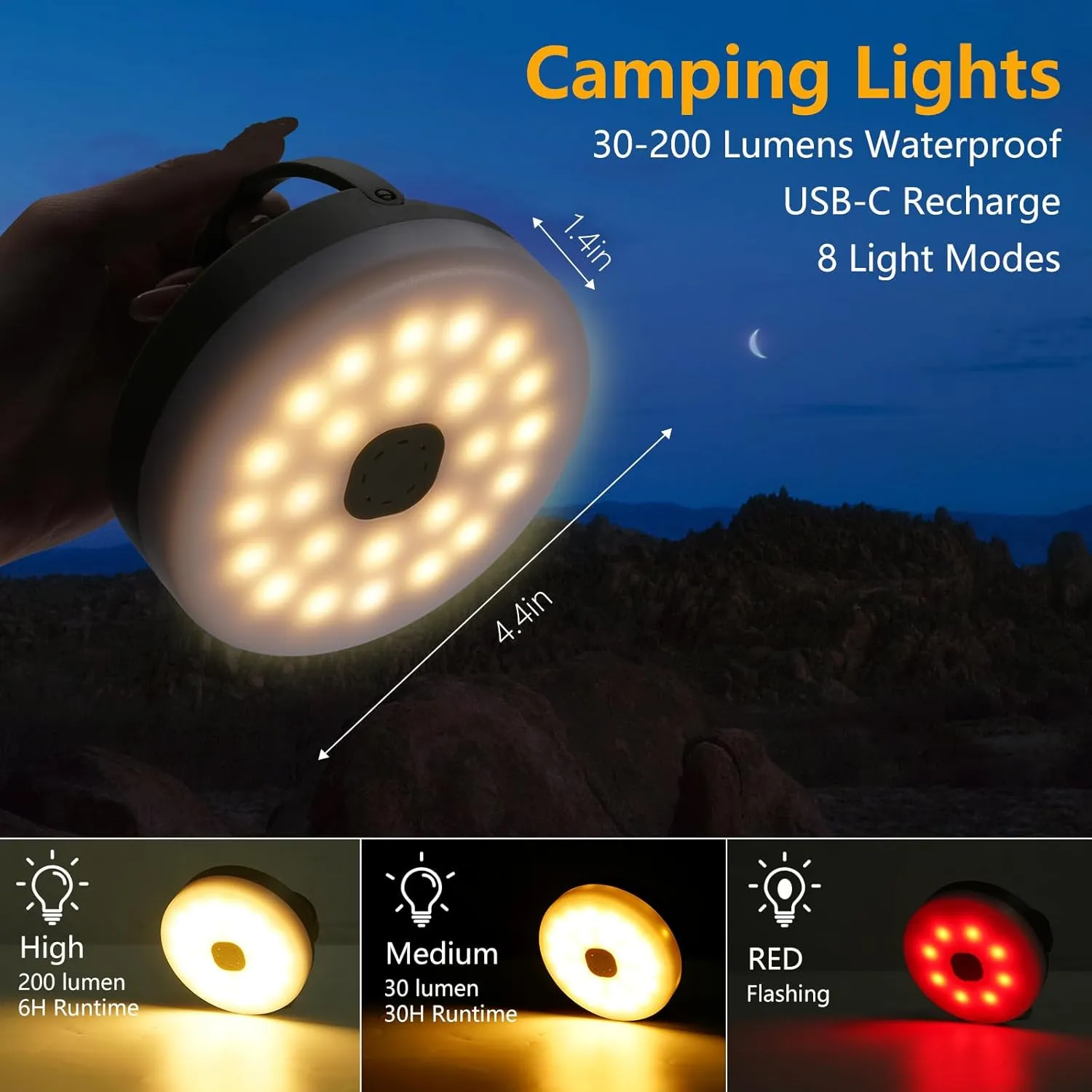 GHORA Camping String Light,32.8FT Rechargeable LED Lights with 8 Modes, Waterproof Portable Outdoor Tent Lights for Patio Garden Party Decor, Hanging Lanterns for Canopy Backyard Campground