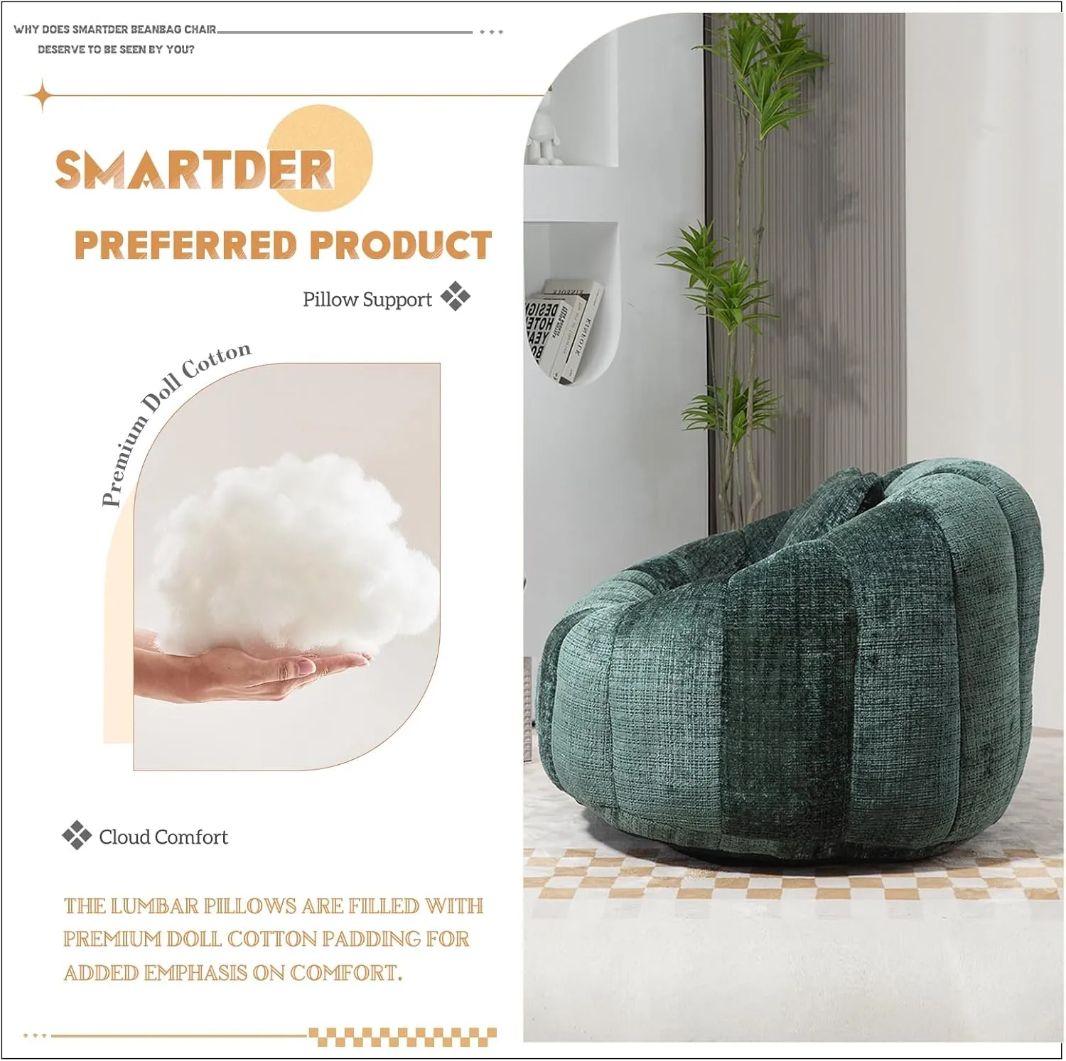 Giant Bean Bag Chair Couch with Foam Filler, Oversized Bean Bag Sofa for Adults,Teens, Comfy Floor Loveseat with 2 Pillows, Lazy Beanbag Lounger for Living Room, Game Room, Office, Chenille Emerald