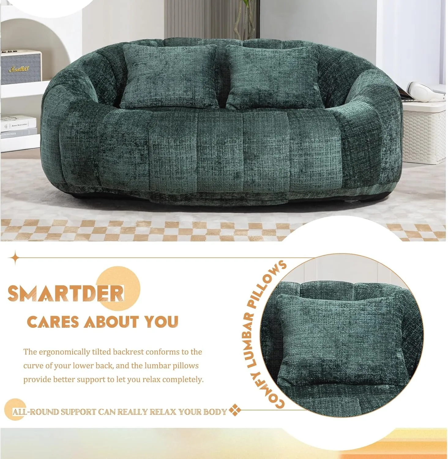 Giant Bean Bag Chair Couch with Foam Filler, Oversized Bean Bag Sofa for Adults,Teens, Comfy Floor Loveseat with 2 Pillows, Lazy Beanbag Lounger for Living Room, Game Room, Office, Chenille Emerald