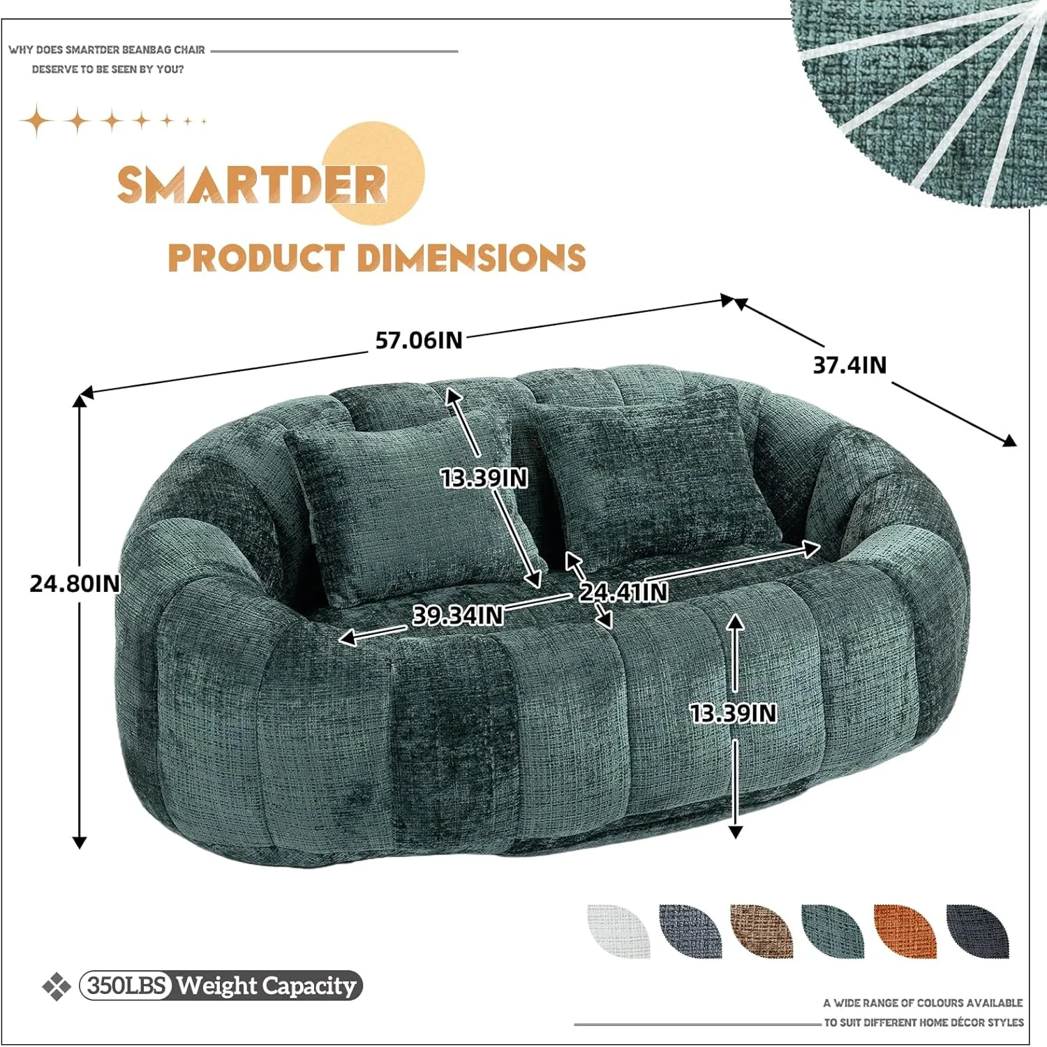 Giant Bean Bag Chair Couch with Foam Filler, Oversized Bean Bag Sofa for Adults,Teens, Comfy Floor Loveseat with 2 Pillows, Lazy Beanbag Lounger for Living Room, Game Room, Office, Chenille Emerald