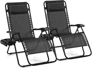 Giantex 2 PCS Zero Gravity Chair, Outdoor Chaise Lounge with Cup Holder, Patio Folding Chairs Recliner for Yard Pool Lawn Balcony, Gray