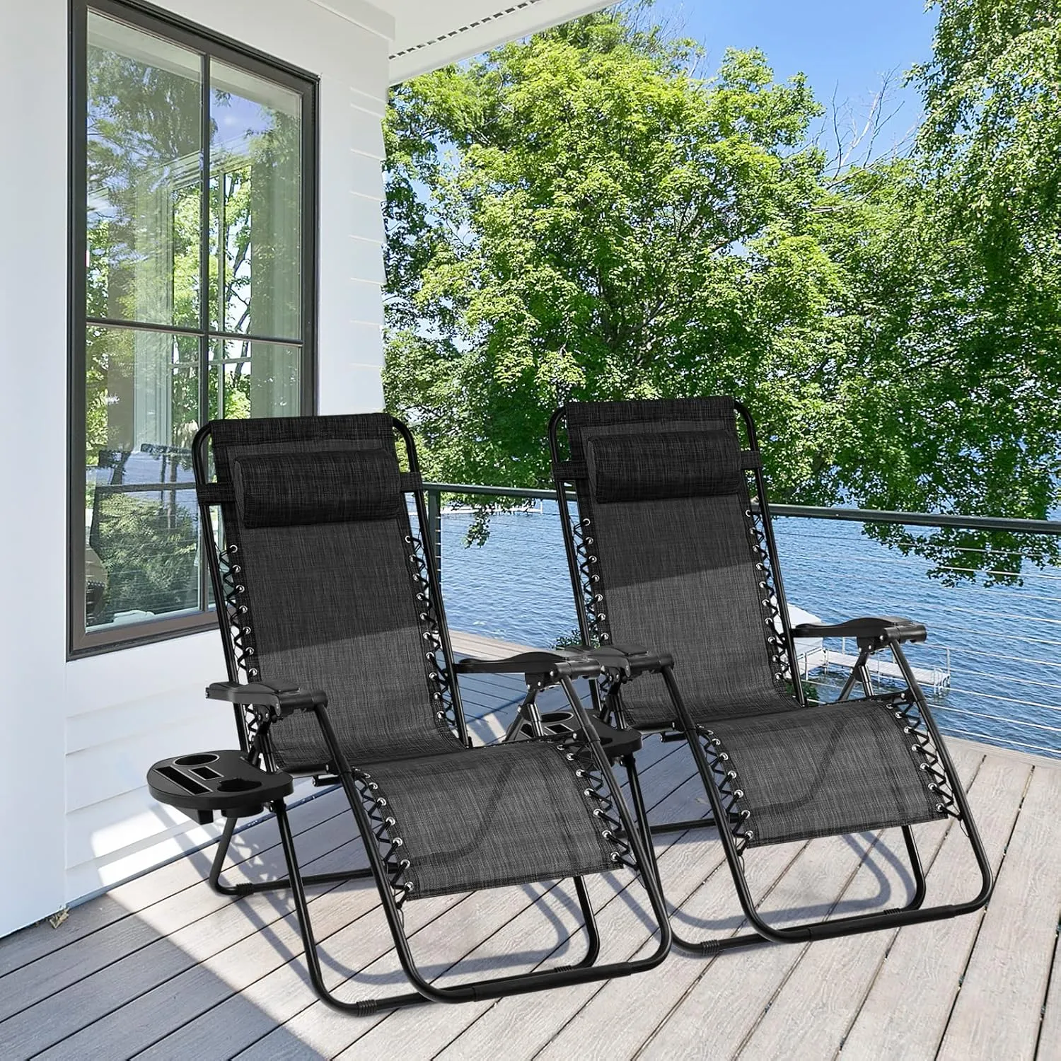 Giantex 2 PCS Zero Gravity Chair, Outdoor Chaise Lounge with Cup Holder, Patio Folding Chairs Recliner for Yard Pool Lawn Balcony, Gray