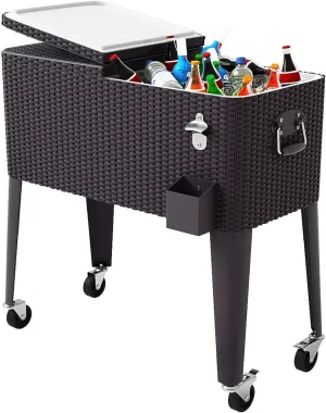 Giantex 80 Quart Rattan Rolling Cooler Cart Outdoor Patio Portable Party Drink Beverage Bar Cold Beach Chest Cart on Wheels, Brown Wicker, 32.7''(L) X18.9''(W) X43.3''(H)