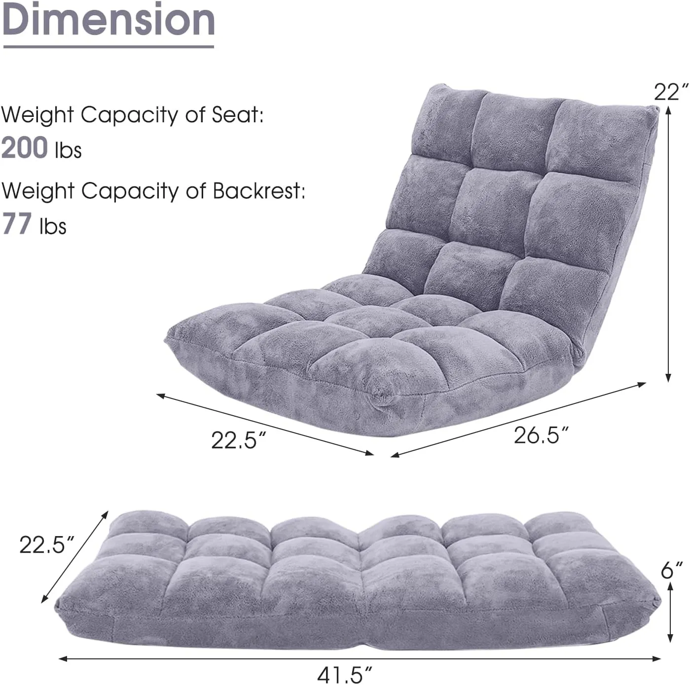 Giantex Folding Floor Chair with Back Support, 14 Adjustable Position, Padded Sleeper Bed, Couch Recliner, Gaming Floor Chairs for Adults, Meditation, Living Room (Grey)