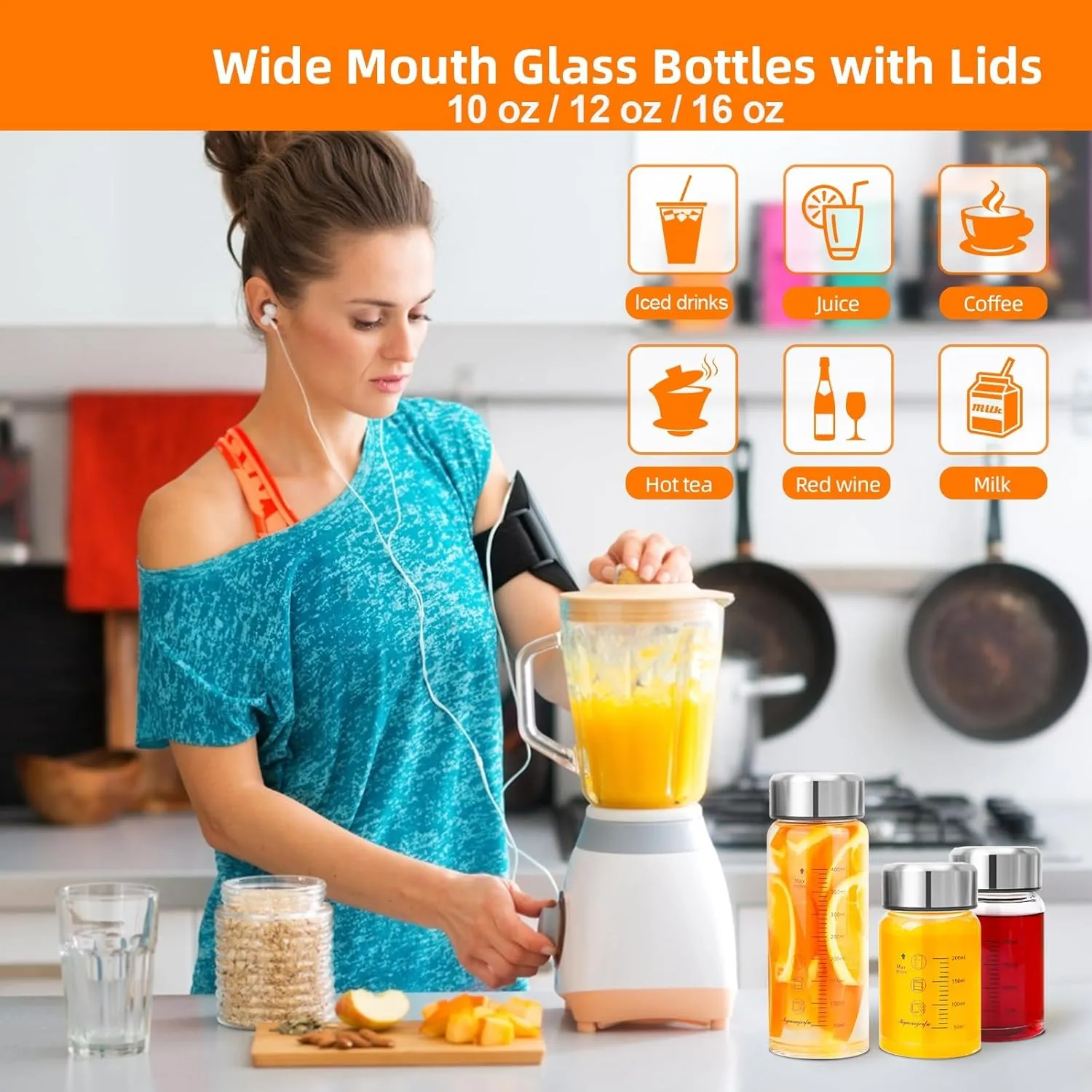 Glass Juice Bottles 4 Pack 20 oz - Wide Mouth Glass Water Bottles with Lids - for Juicing, Smoothies, Milk, Protein, BPA Free, Reusable, Stainless Steel Lids, Leak Proof, Shaker bottle (20oz/600ml)