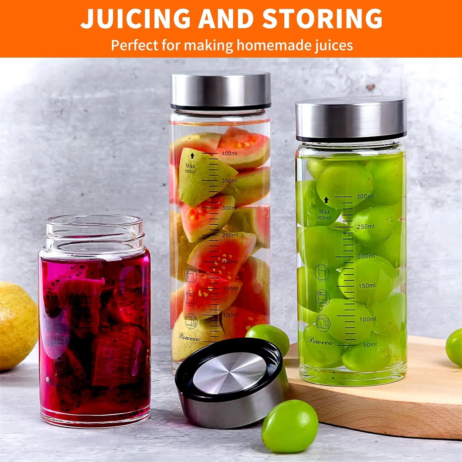 Glass Juice Bottles 6 Pack 20 oz - Wide Mouth Glass Water Bottles with Lids - for Juicing, Protein, Smoothie, Milk, Reusable, BPA Free, Stainless Steel Lids, Blender, Shaker Bottle (20oz/600ml)