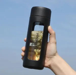 Glass Water Bottle with Tea Infuser - Double-Wall Borosilicate Glass with PP Shell, Leakproof, BPA-Free, Ideal for Hot & Cold Beverages, 460ml, Multiple Color Options (Midnight Black)