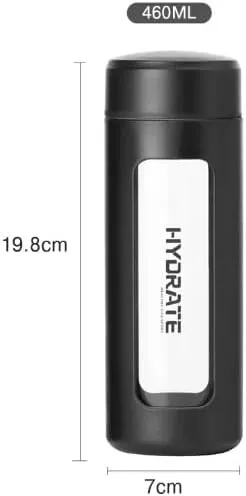 Glass Water Bottle with Tea Infuser - Double-Wall Borosilicate Glass with PP Shell, Leakproof, BPA-Free, Ideal for Hot & Cold Beverages, 460ml, Multiple Color Options (Midnight Black)