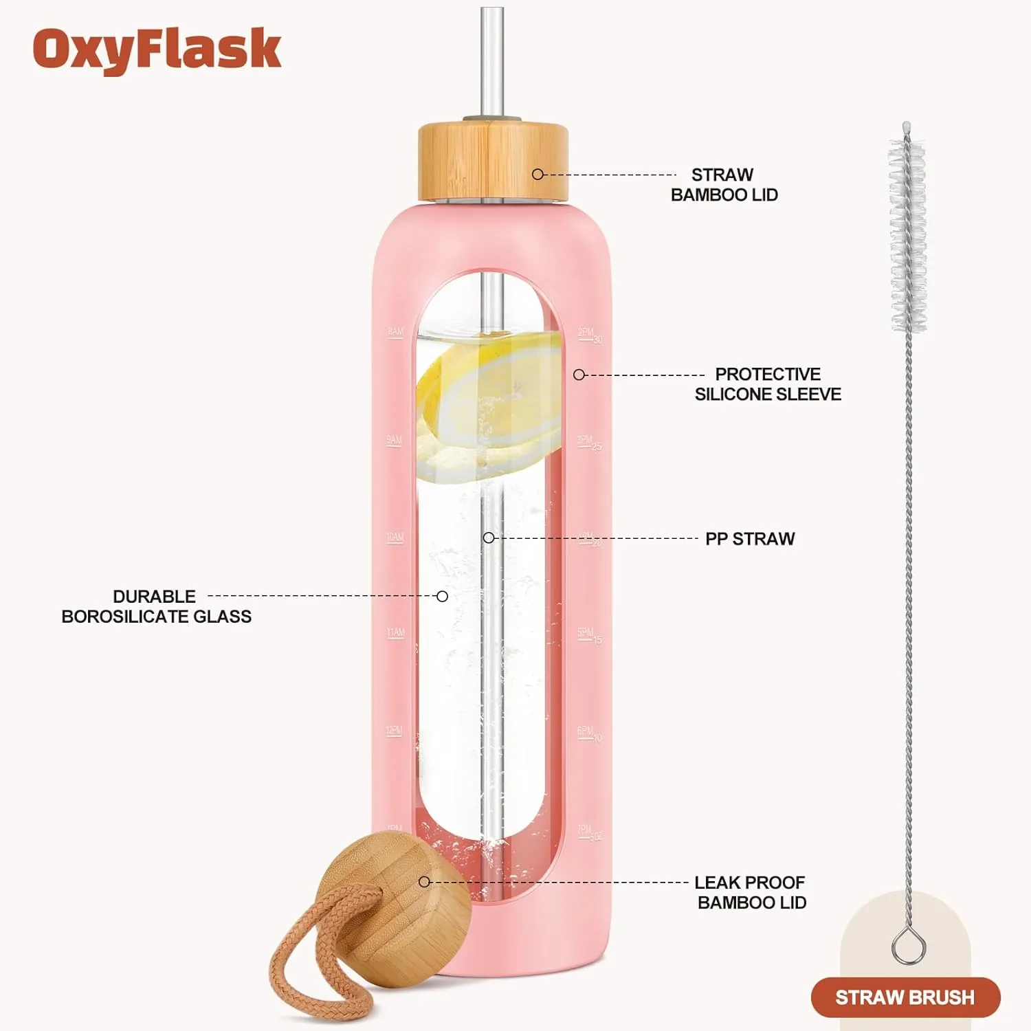 Glass Water Bottles 32 oz - Motivational Drinking Glass Water Bottle with Silicone Sleeve, Straw & 2 Bamboo Lids - 1 Liter Clear Borosilicate Daily Intake Tumbler with Time Marker - Pink