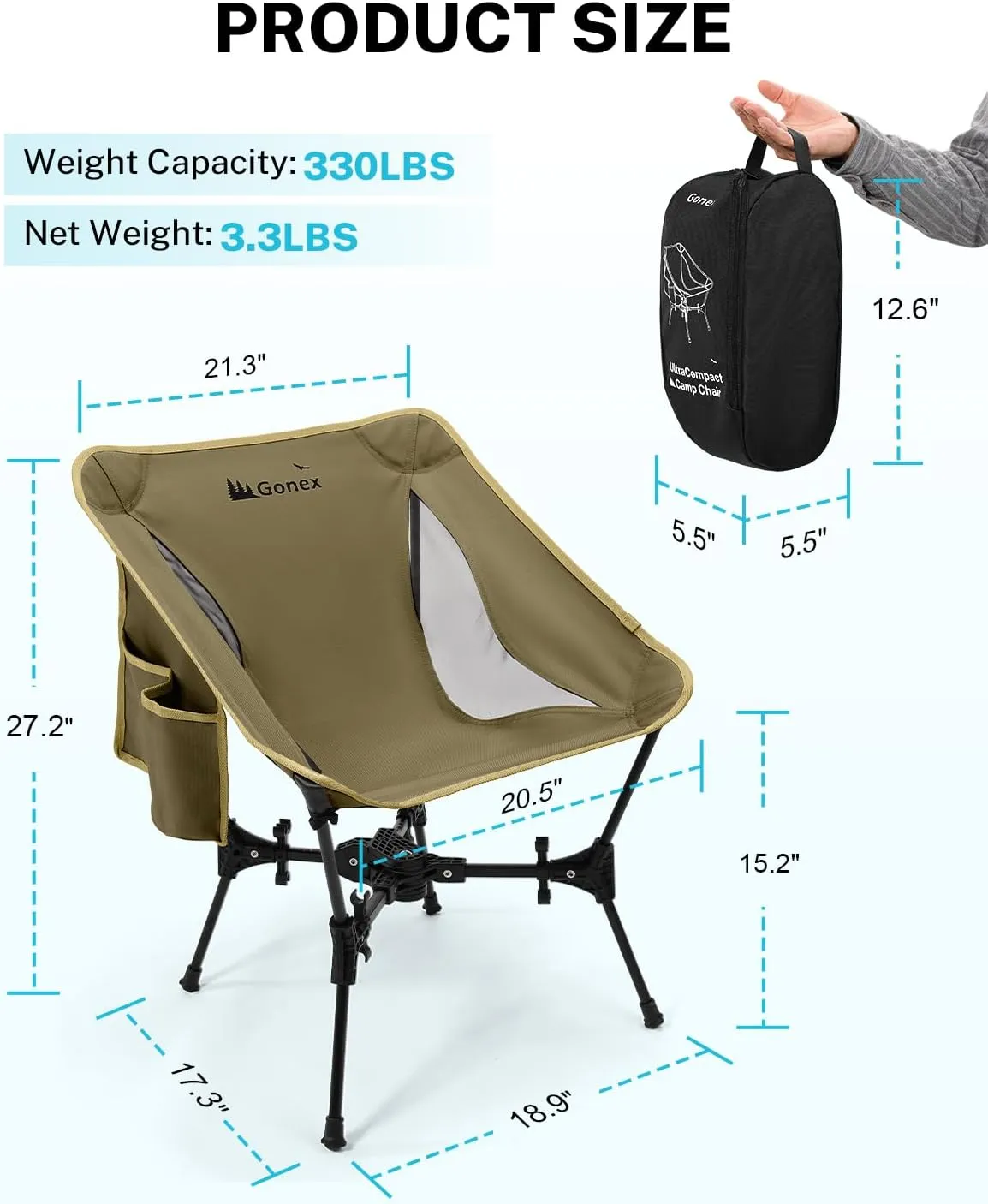 Gonex Portable Camping Chair, The 5th Gen Ultralight Compact Backpacking Foldable Lightweight Folding Chair for Outdoor Camp Hiking Beach Picnic Concert, Supports 330lbs (Khaki,1PCS)