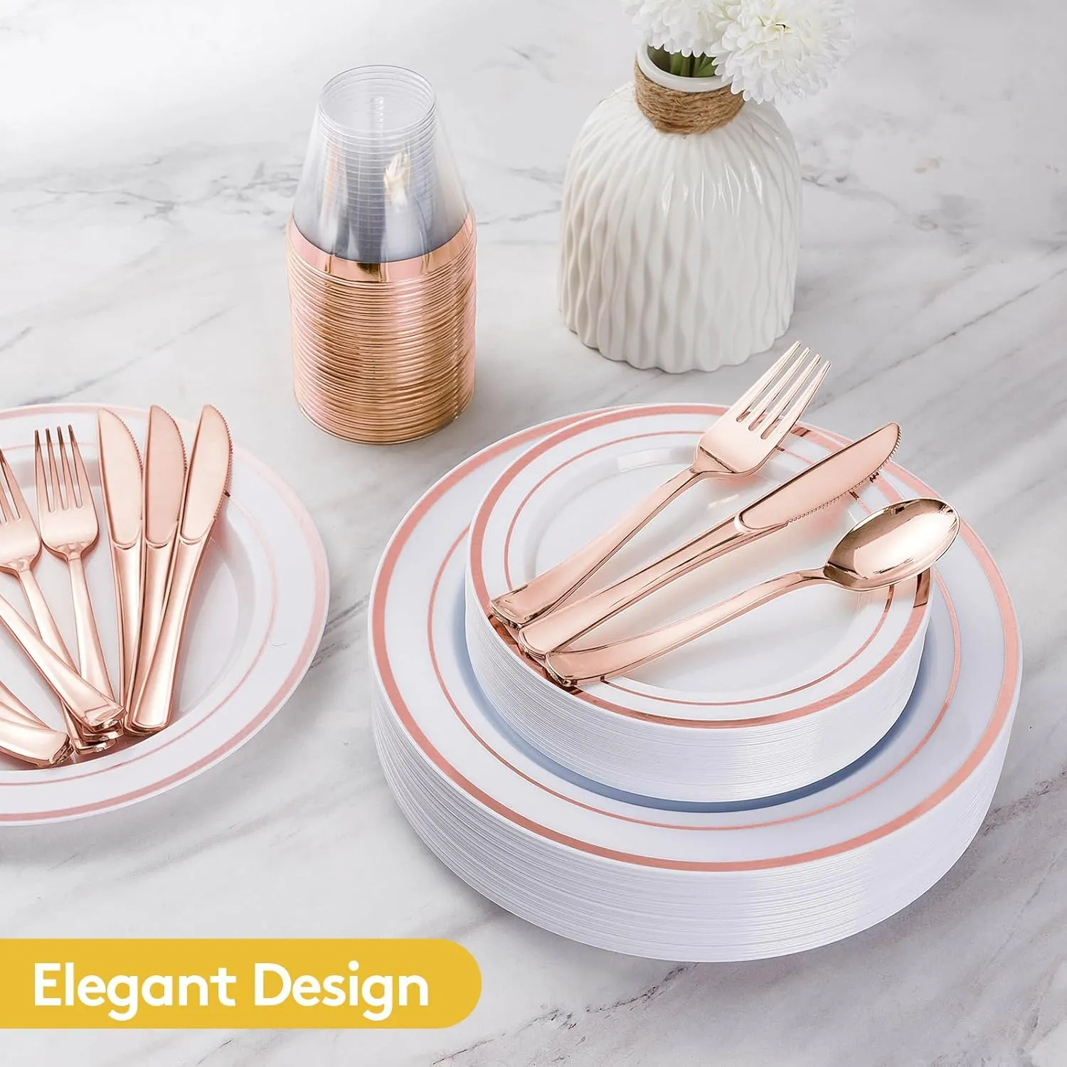 Goodluck 300 Pieces Rose Gold Disposable Plates for 50 Guests, Plastic Plates for Party, Wedding, Dinnerware Set of 50 Dinner Plates, 50 Salad Plates, 50 Spoons, 50 Forks, 50 Knives, 50 Cups