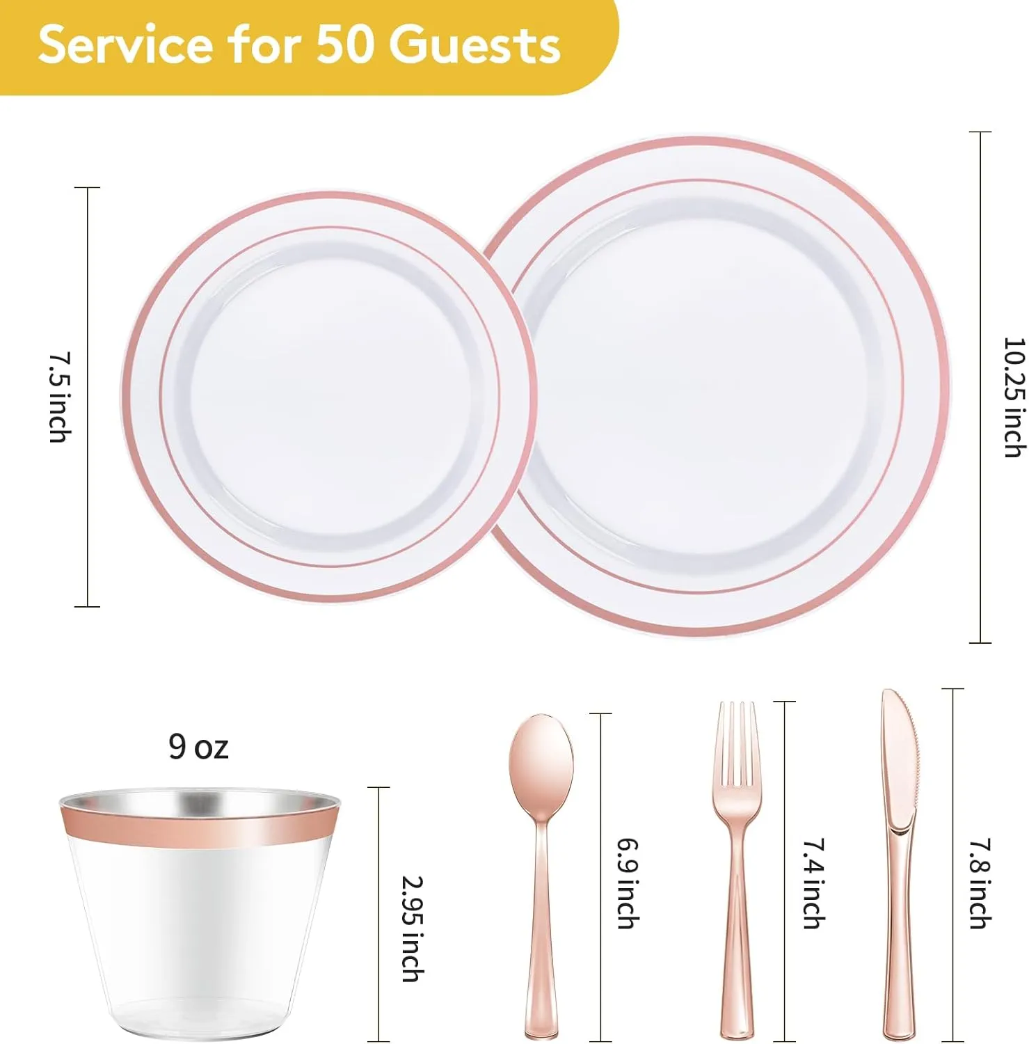 Goodluck 300 Pieces Rose Gold Disposable Plates for 50 Guests, Plastic Plates for Party, Wedding, Dinnerware Set of 50 Dinner Plates, 50 Salad Plates, 50 Spoons, 50 Forks, 50 Knives, 50 Cups