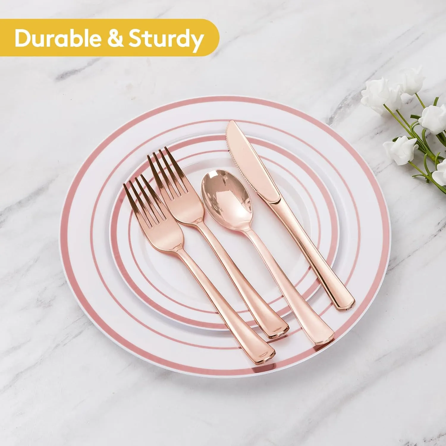 Goodluck 300 Pieces Rose Gold Disposable Plates for 50 Guests, Plastic Plates for Party, Wedding, Dinnerware Set of 50 Dinner Plates, 50 Salad Plates, 50 Spoons, 50 Forks, 50 Knives, 50 Cups