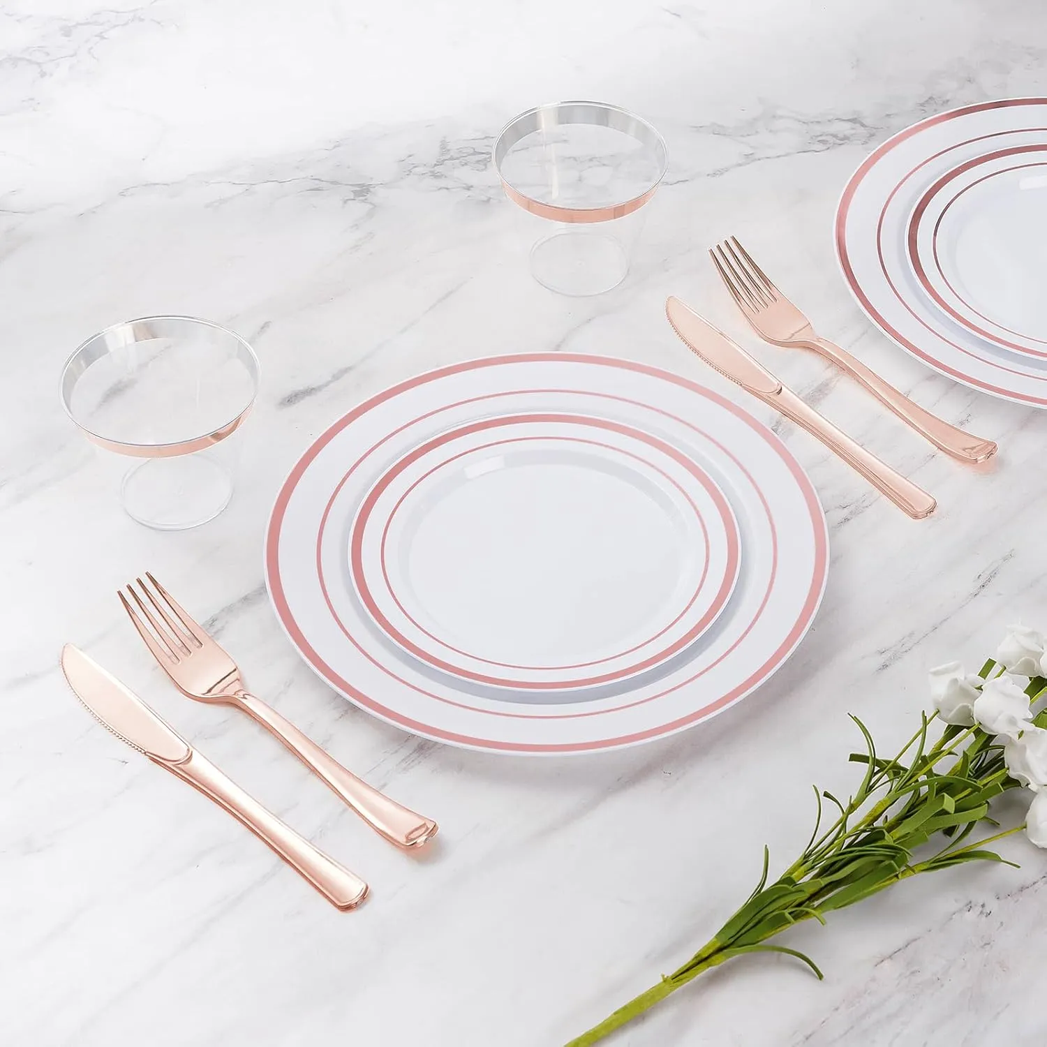 Goodluck 300 Pieces Rose Gold Disposable Plates for 50 Guests, Plastic Plates for Party, Wedding, Dinnerware Set of 50 Dinner Plates, 50 Salad Plates, 50 Spoons, 50 Forks, 50 Knives, 50 Cups