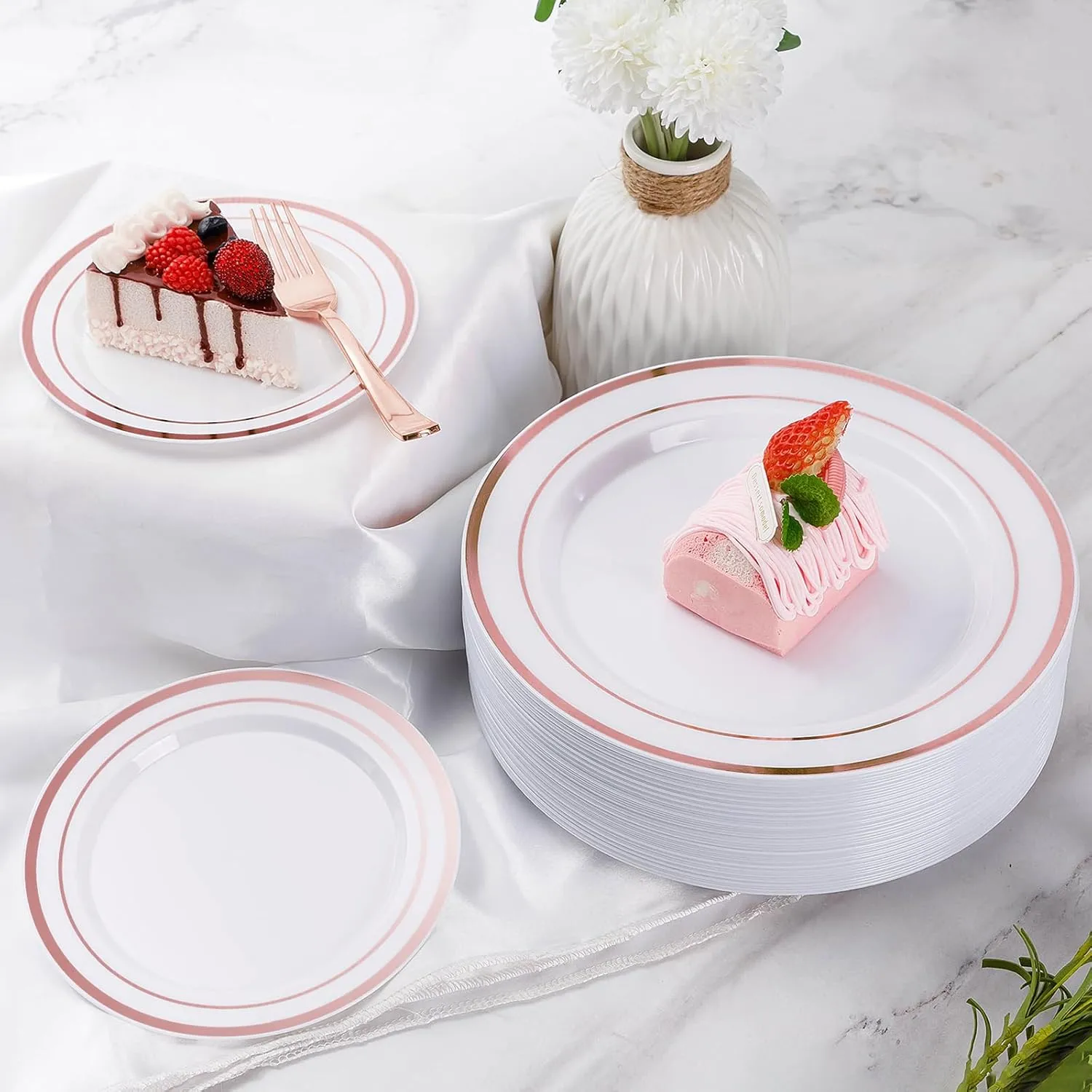 Goodluck 300 Pieces Rose Gold Disposable Plates for 50 Guests, Plastic Plates for Party, Wedding, Dinnerware Set of 50 Dinner Plates, 50 Salad Plates, 50 Spoons, 50 Forks, 50 Knives, 50 Cups