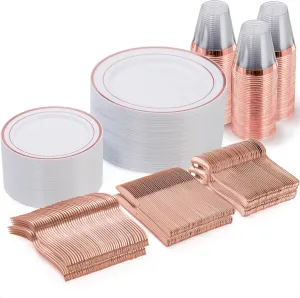 Goodluck 300 Pieces Rose Gold Disposable Plates for 50 Guests, Plastic Plates for Party, Wedding, Dinnerware Set of 50 Dinner Plates, 50 Salad Plates, 50 Spoons, 50 Forks, 50 Knives, 50 Cups