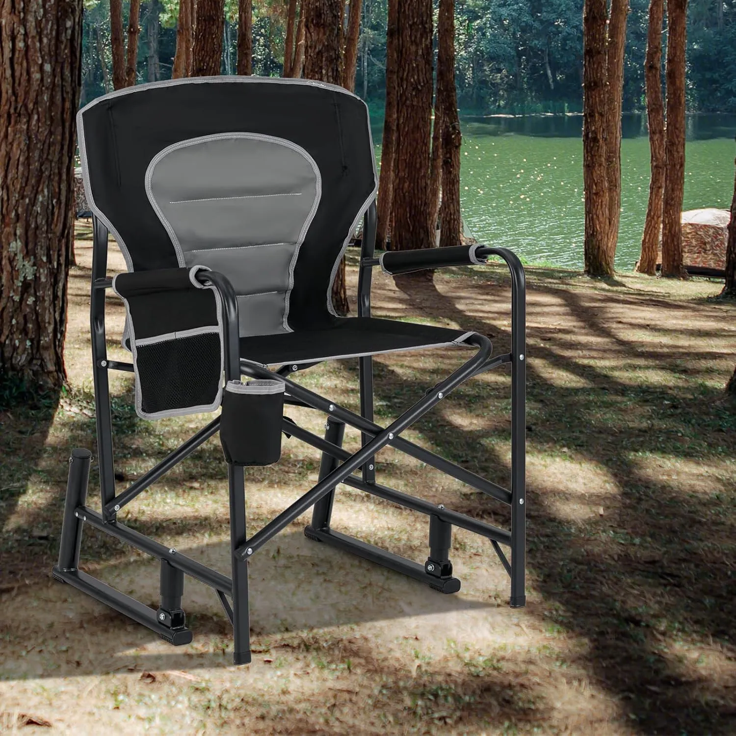 Goplus Outdoor Rocker Camping Chairs for Adults, Portable Folding Chair w/Dual Springs, Padded Back, Cup Holder, Storage Pocket, Heavy-Duty Rocking Arm Chair for Beach Lawn Travel Fishing(1,Black)