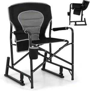 Goplus Outdoor Rocker Camping Chairs for Adults, Portable Folding Chair w/Dual Springs, Padded Back, Cup Holder, Storage Pocket, Heavy-Duty Rocking Arm Chair for Beach Lawn Travel Fishing(1,Black)