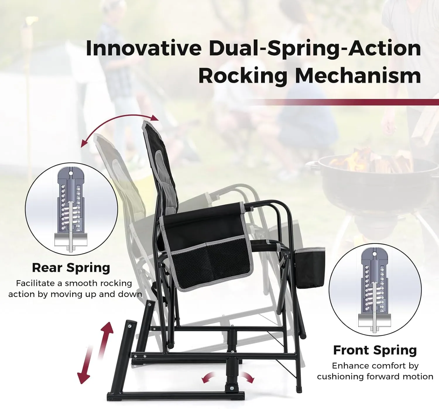 Goplus Outdoor Rocker Camping Chairs for Adults, Portable Folding Chair w/Dual Springs, Padded Back, Cup Holder, Storage Pocket, Heavy-Duty Rocking Arm Chair for Beach Lawn Travel Fishing(1,Black)