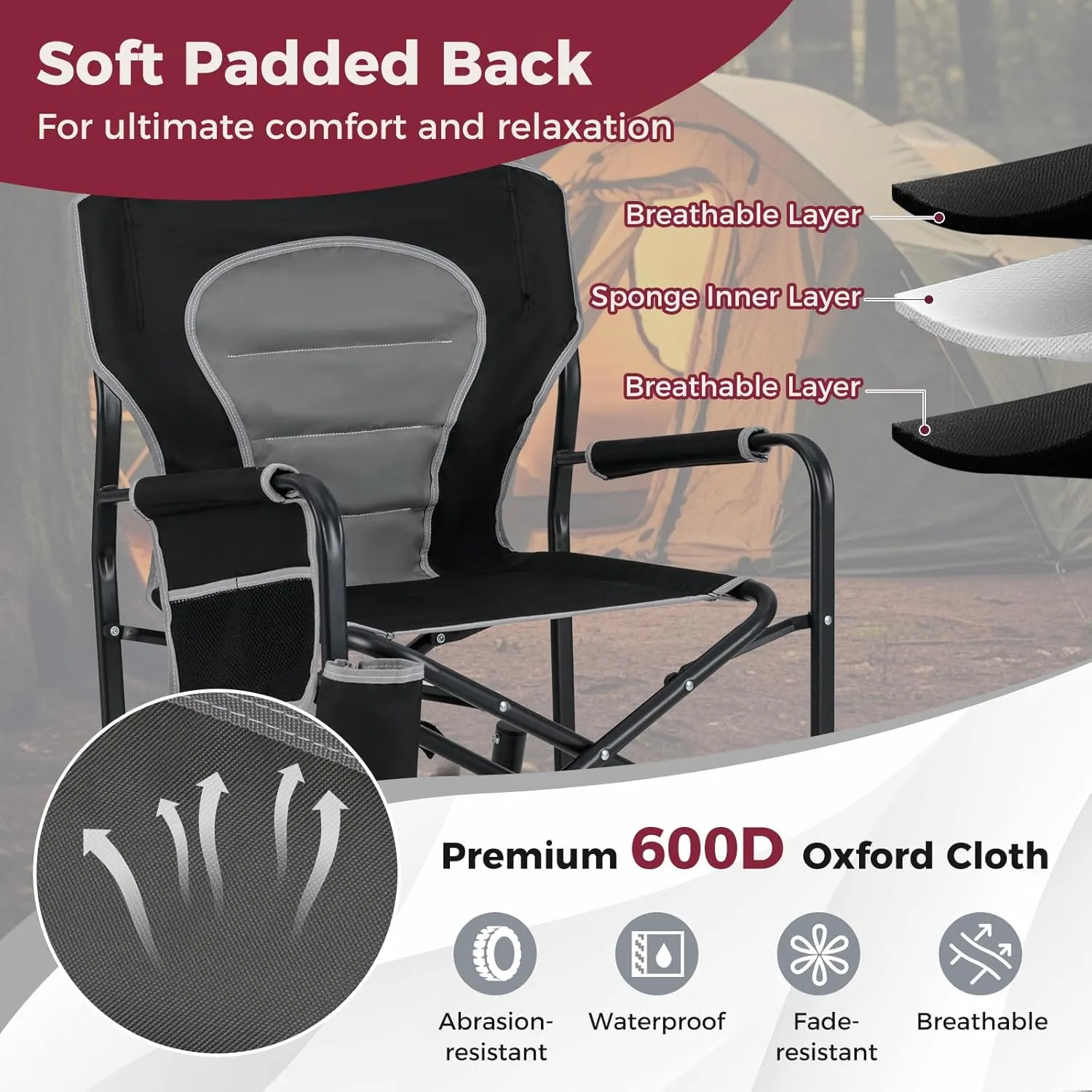 Goplus Outdoor Rocker Camping Chairs for Adults, Portable Folding Chair w/Dual Springs, Padded Back, Cup Holder, Storage Pocket, Heavy-Duty Rocking Arm Chair for Beach Lawn Travel Fishing(1,Black)