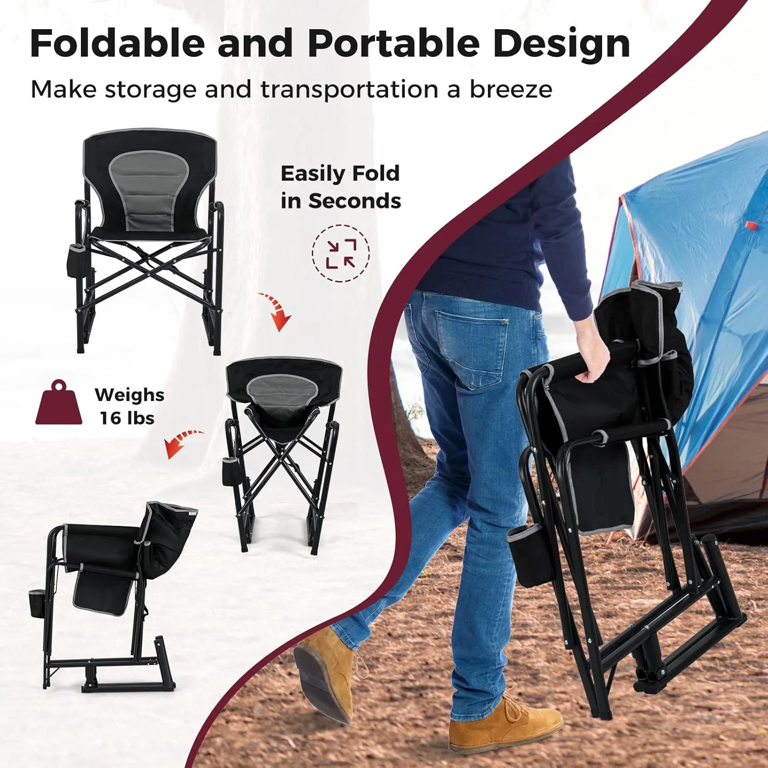 Goplus Outdoor Rocker Camping Chairs for Adults, Portable Folding Chair w/Dual Springs, Padded Back, Cup Holder, Storage Pocket, Heavy-Duty Rocking Arm Chair for Beach Lawn Travel Fishing(1,Black)