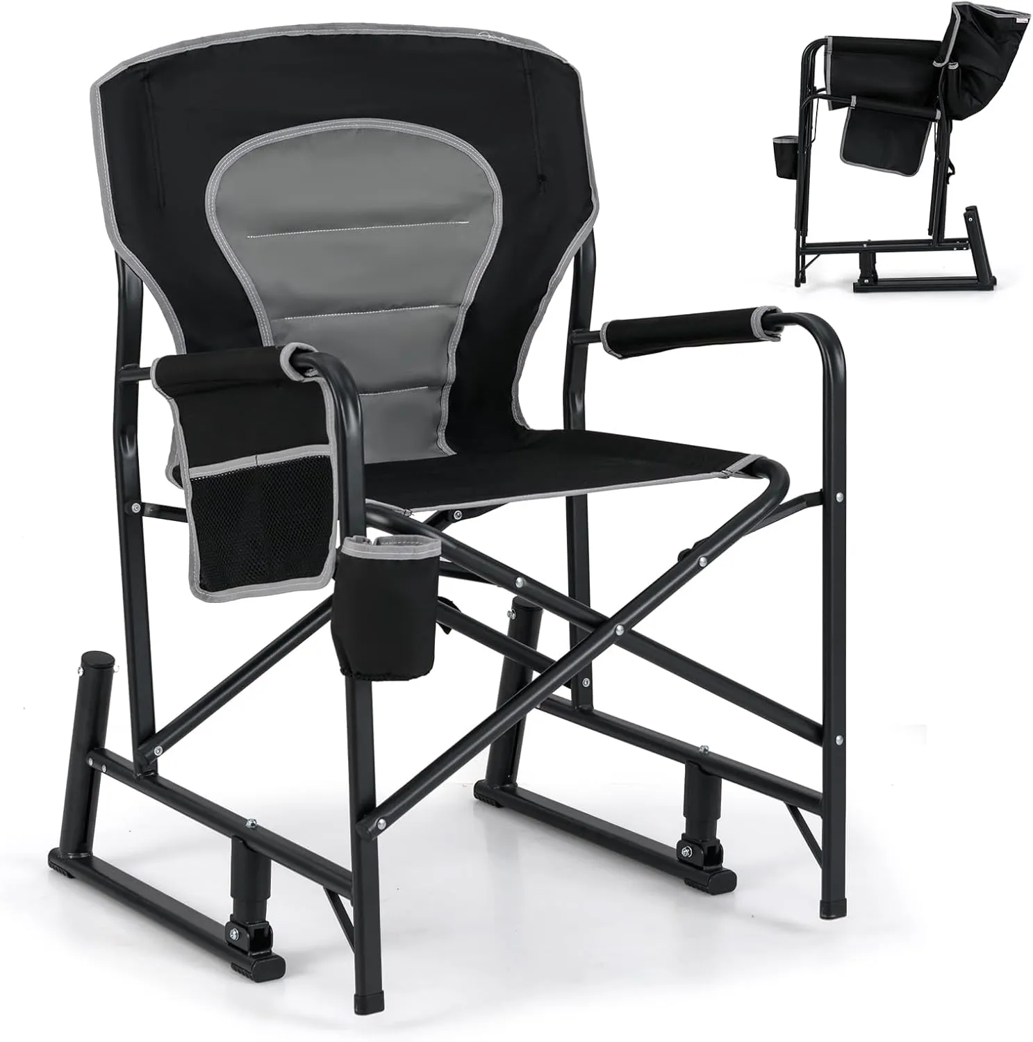 Goplus Outdoor Rocker Camping Chairs for Adults, Portable Folding Chair w/Dual Springs, Padded Back, Cup Holder, Storage Pocket, Heavy-Duty Rocking Arm Chair for Beach Lawn Travel Fishing(1,Black)