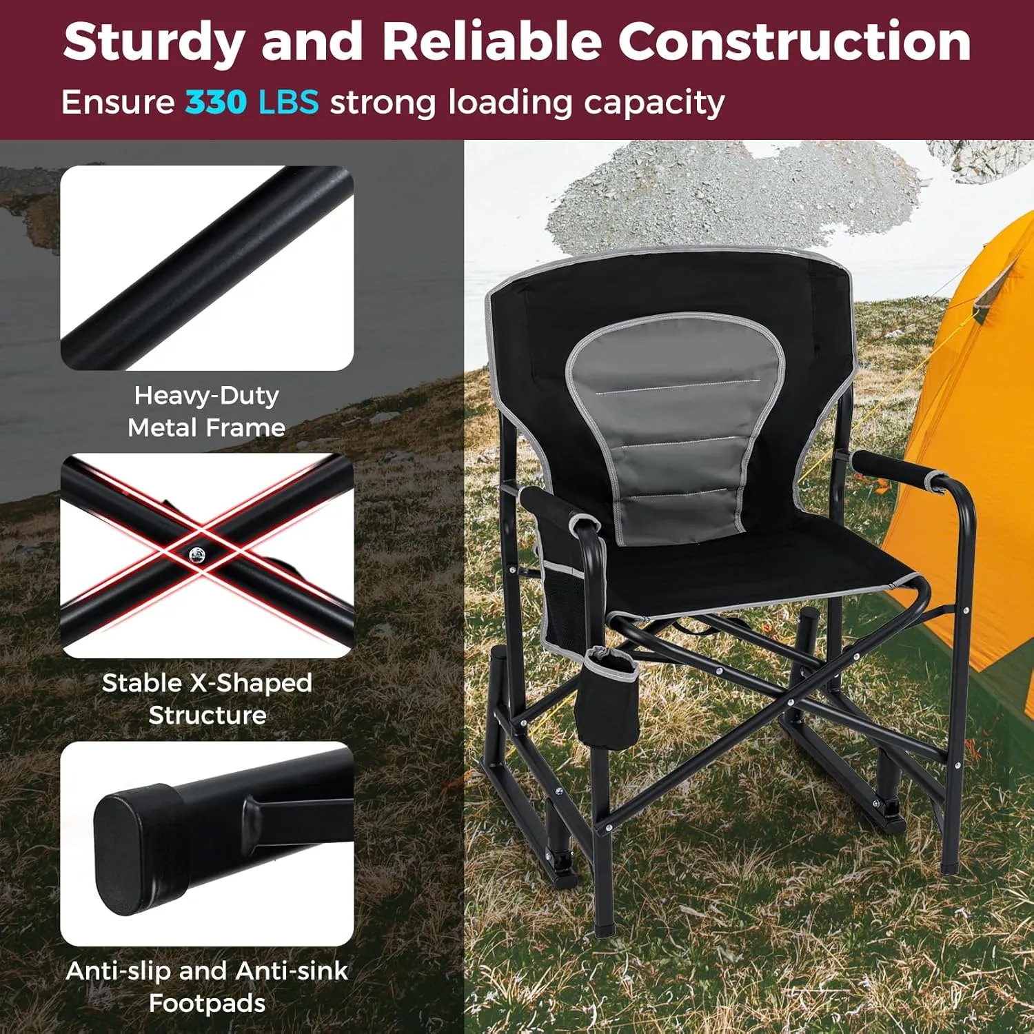 Goplus Outdoor Rocker Camping Chairs for Adults, Portable Folding Chair w/Dual Springs, Padded Back, Cup Holder, Storage Pocket, Heavy-Duty Rocking Arm Chair for Beach Lawn Travel Fishing(1,Black)