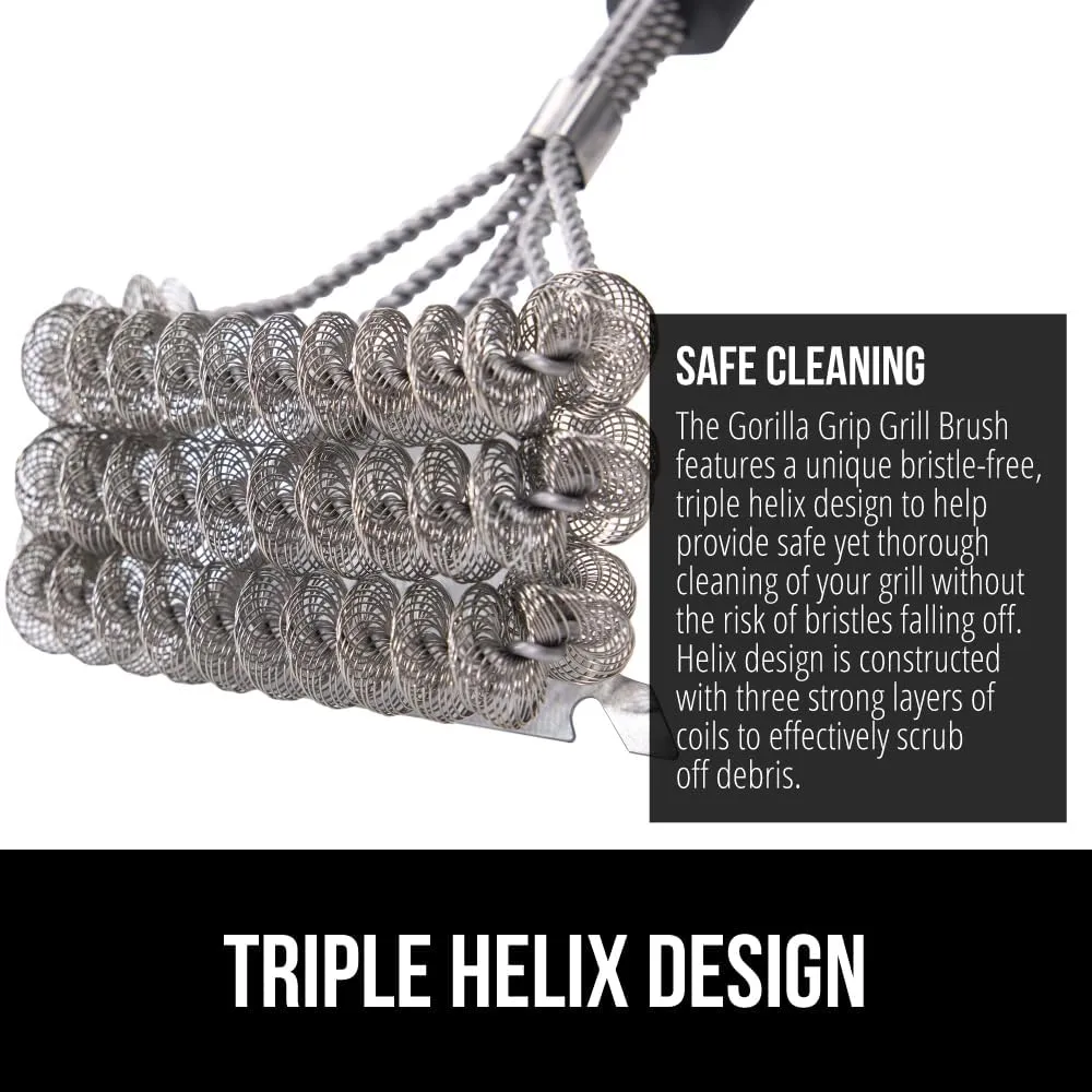 GORILLA GRIP Heavy Duty No Bristle Triple Helix Grill Brush with Scraper for Outdoor Grills, Safe Steam Cleaning, Oversized Comfortable Handle Grip with Bottle Opener, BBQ Tools, 17.5 Inch, Black