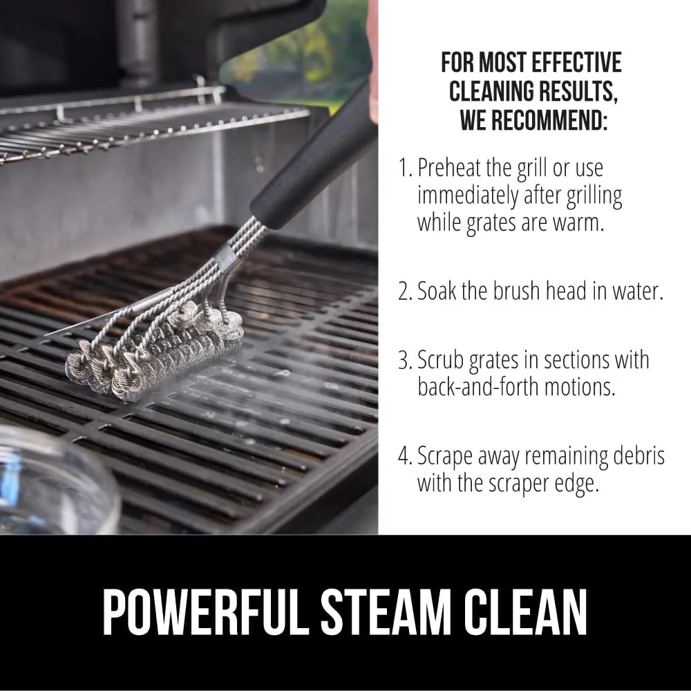 GORILLA GRIP Heavy Duty No Bristle Triple Helix Grill Brush with Scraper for Outdoor Grills, Safe Steam Cleaning, Oversized Comfortable Handle Grip with Bottle Opener, BBQ Tools, 17.5 Inch, Black