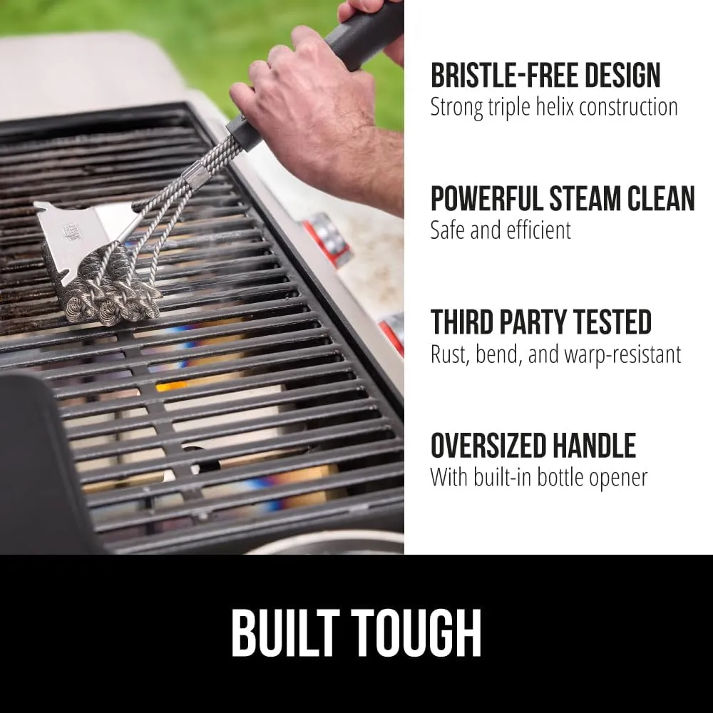 GORILLA GRIP Heavy Duty No Bristle Triple Helix Grill Brush with Scraper for Outdoor Grills, Safe Steam Cleaning, Oversized Comfortable Handle Grip with Bottle Opener, BBQ Tools, 17.5 Inch, Black