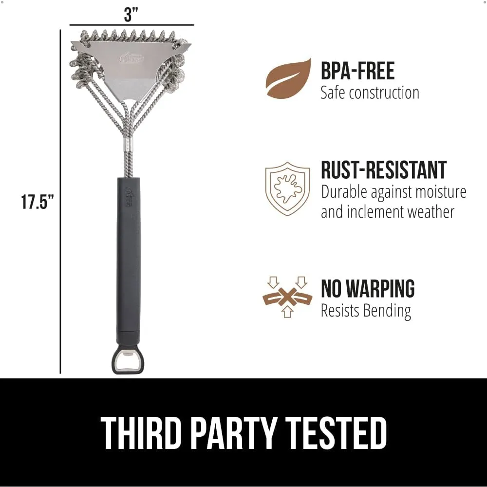 GORILLA GRIP Heavy Duty No Bristle Triple Helix Grill Brush with Scraper for Outdoor Grills, Safe Steam Cleaning, Oversized Comfortable Handle Grip with Bottle Opener, BBQ Tools, 17.5 Inch, Black