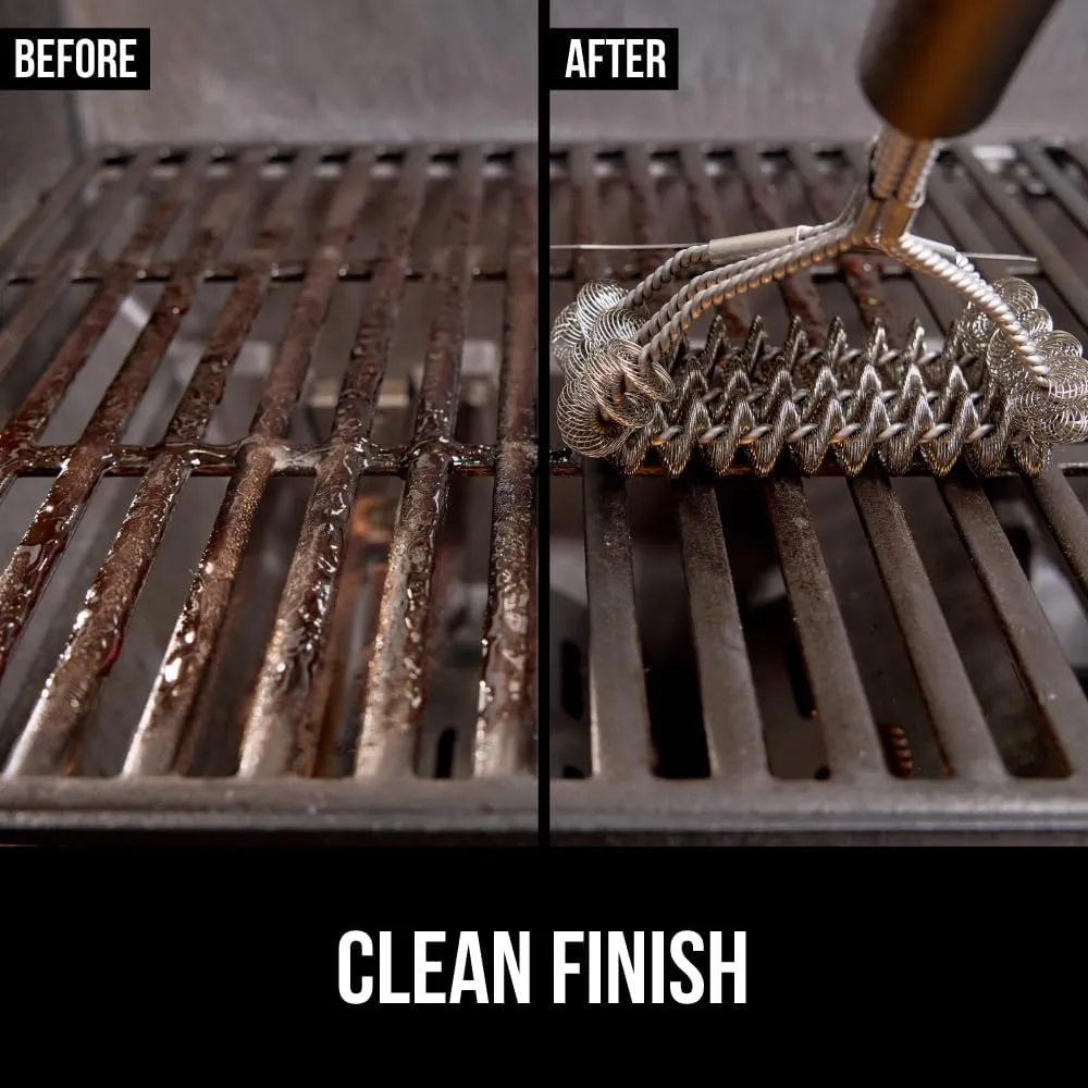 GORILLA GRIP Heavy Duty No Bristle Triple Helix Grill Brush with Scraper for Outdoor Grills, Safe Steam Cleaning, Oversized Comfortable Handle Grip with Bottle Opener, BBQ Tools, 17.5 Inch, Black