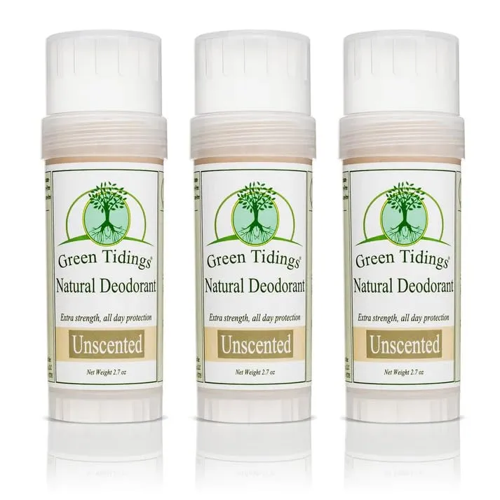 Green Tidings Unscented Deodorant – Organic & Vegan, Aluminum-Free, Baking Soda-Free, Non-Toxic Underarm Antiperspirant for Men & Women, 2.7 oz (Pack of 3)