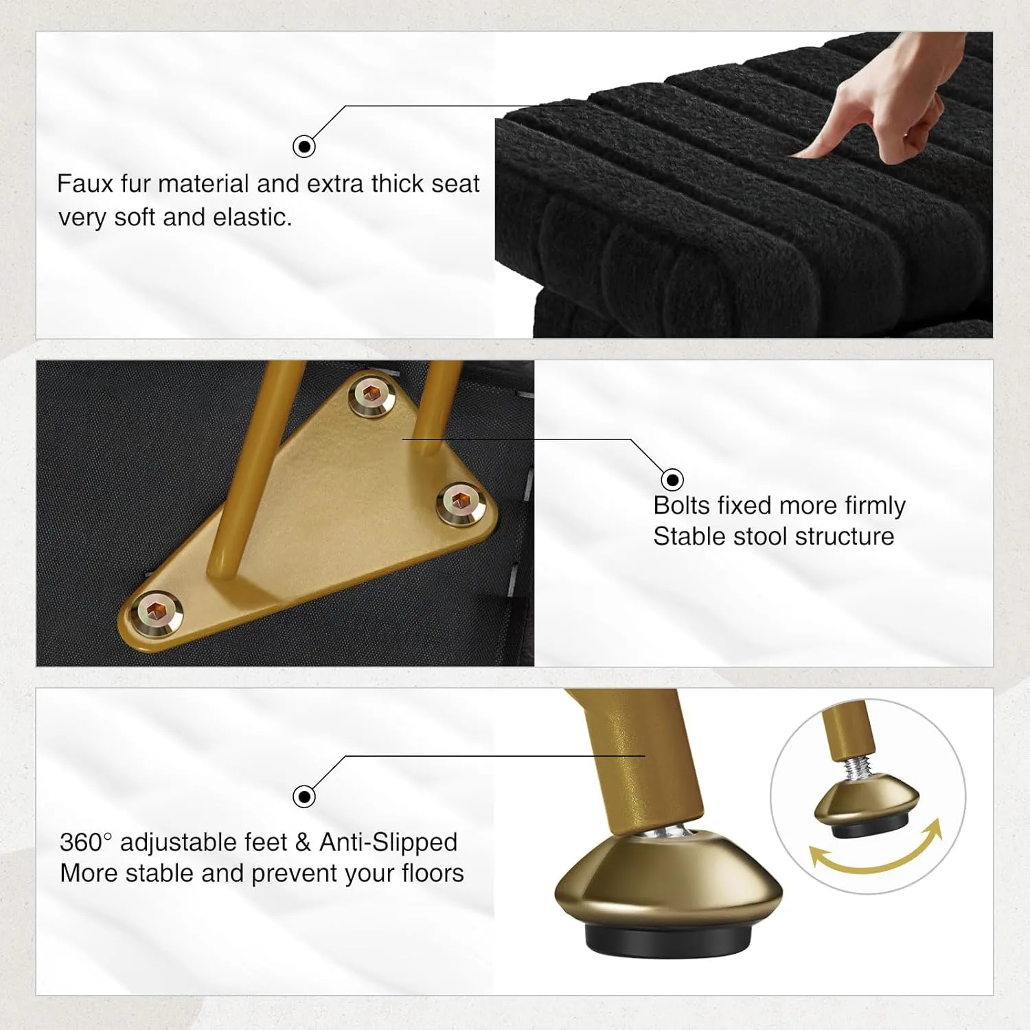 Greenstell Vanity Stool Chair Faux Fur with Storage, 15.7"L x 11.8"W x 19.4"H Soft Ottoman 4 Metal Legs with Anti-Slip Feet, Furry Padded Seat, Modern Multifunctional Chairs for Makeup, Bedroom Black