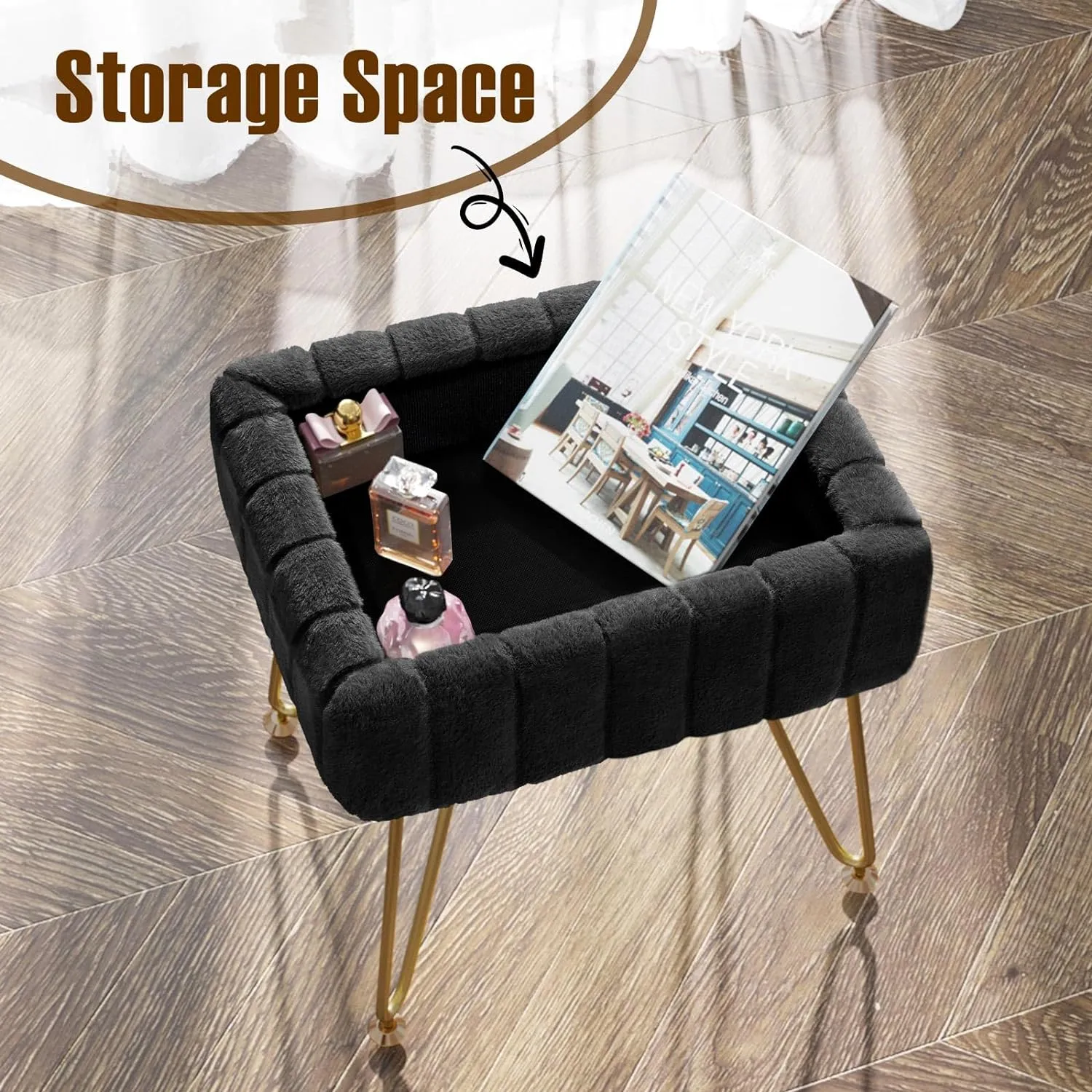 Greenstell Vanity Stool Chair Faux Fur with Storage, 15.7"L x 11.8"W x 19.4"H Soft Ottoman 4 Metal Legs with Anti-Slip Feet, Furry Padded Seat, Modern Multifunctional Chairs for Makeup, Bedroom Black