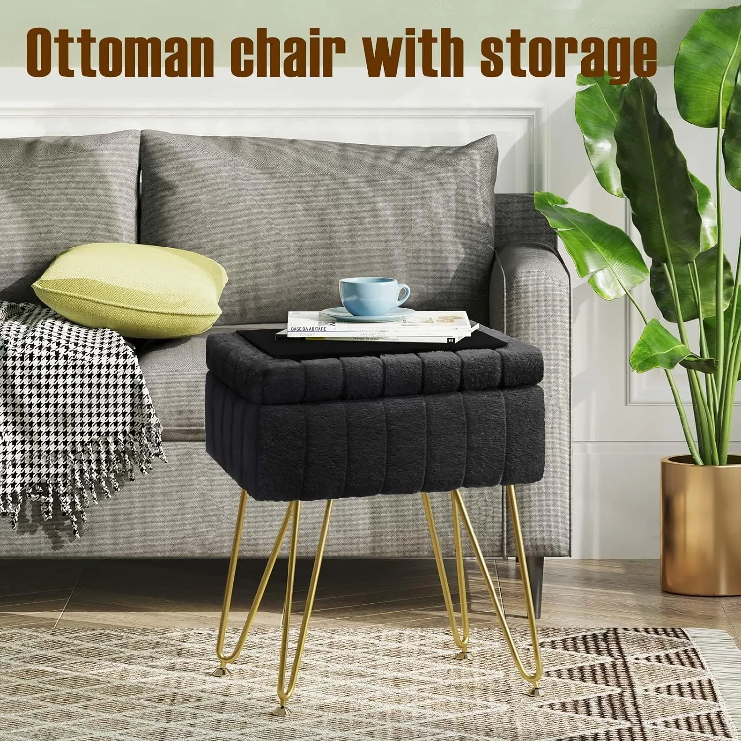 Greenstell Vanity Stool Chair Faux Fur with Storage, 15.7"L x 11.8"W x 19.4"H Soft Ottoman 4 Metal Legs with Anti-Slip Feet, Furry Padded Seat, Modern Multifunctional Chairs for Makeup, Bedroom Black