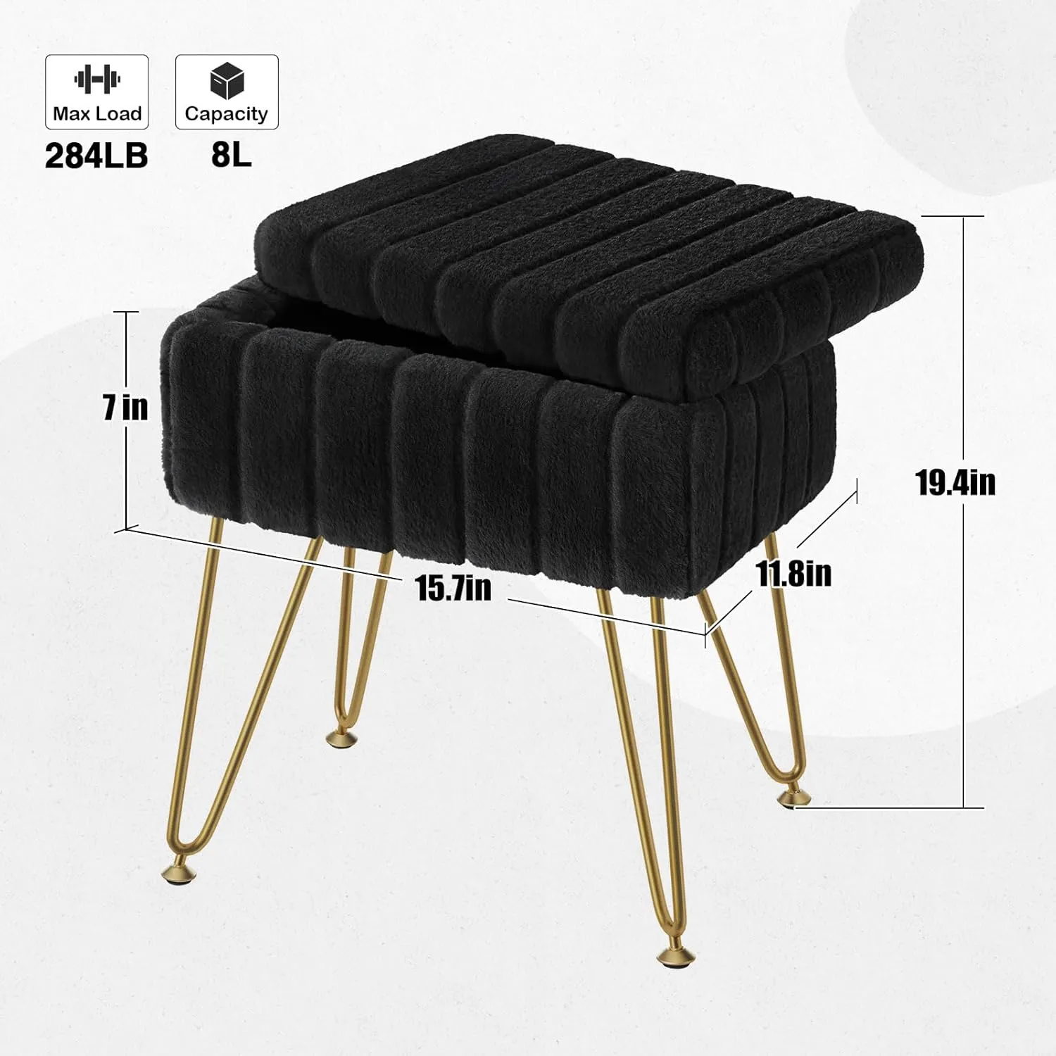 Greenstell Vanity Stool Chair Faux Fur with Storage, 15.7"L x 11.8"W x 19.4"H Soft Ottoman 4 Metal Legs with Anti-Slip Feet, Furry Padded Seat, Modern Multifunctional Chairs for Makeup, Bedroom Black