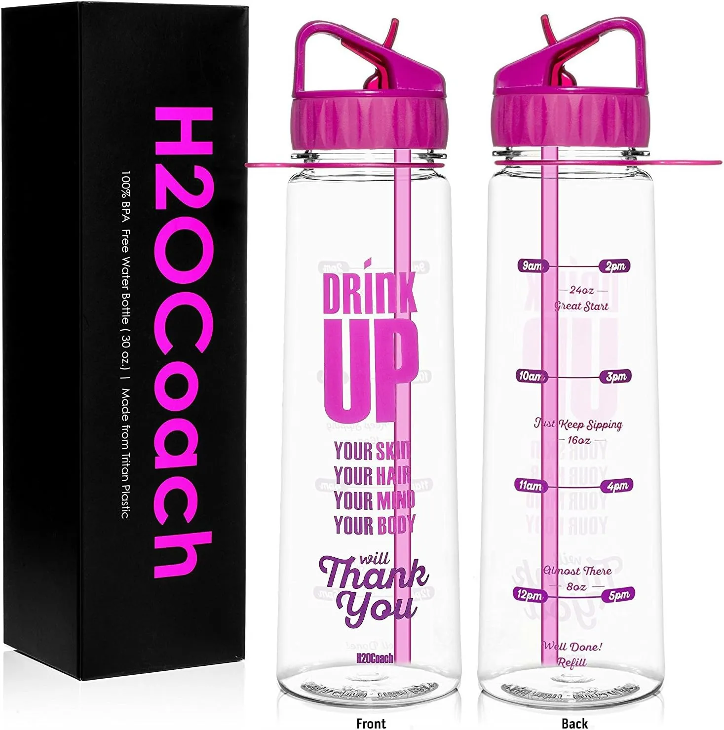 H2OCOACH Motivational Fitness Workout Sports Water Bottle with Time Marker | Measurements | Drink More Water Daily | Clear BPA-Free Tritan | Large 30 Ounce (Pink)