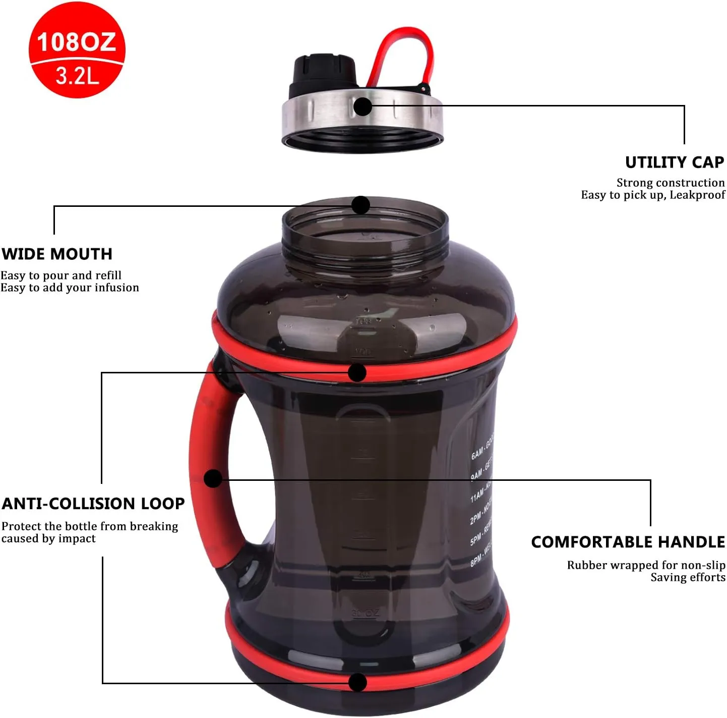 Half Gallon Water Bottle Sports Water Jugs Robust Motivational Reusable Water Bottles BPA Free Plastic Drinking Container for Sport Workout Hydro Daily Intake (2.2L) (3.2L Black)