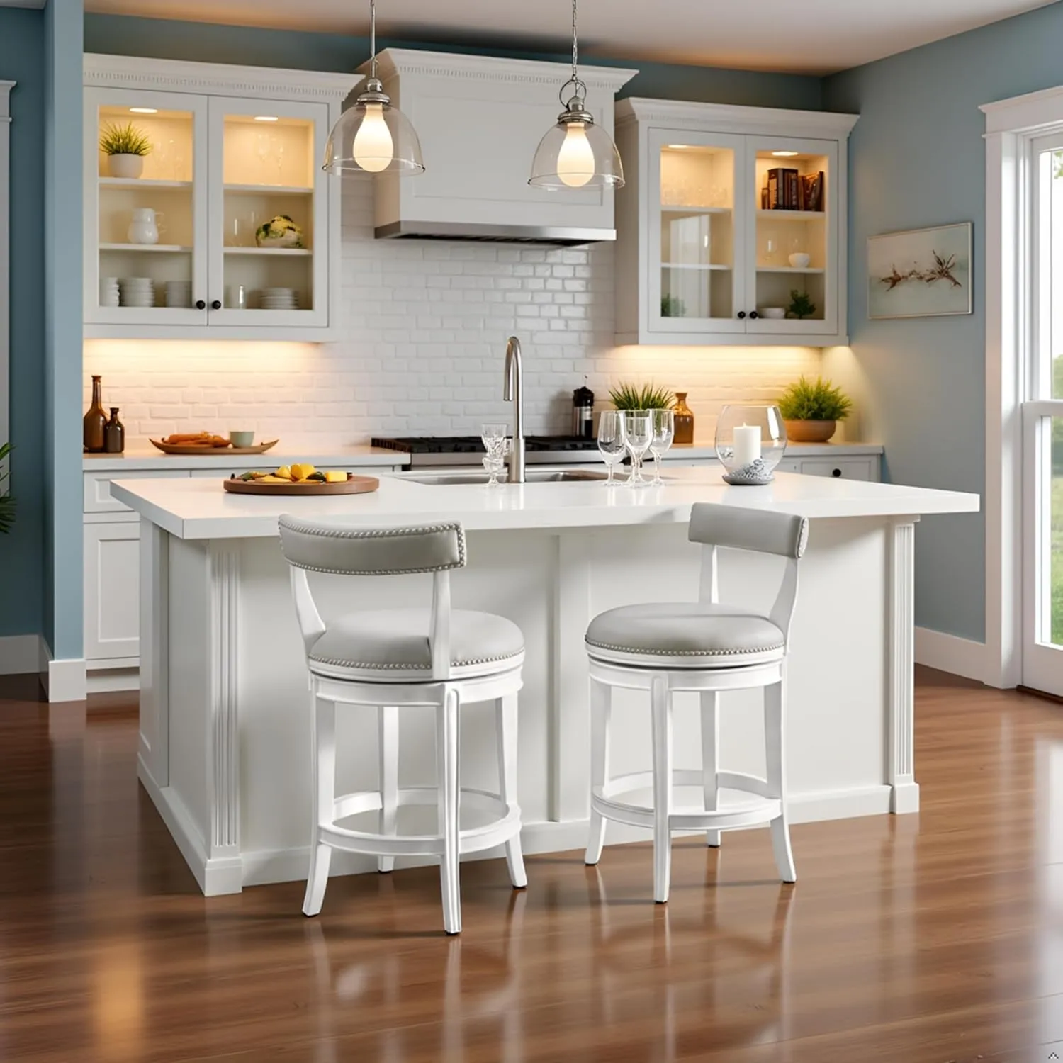 Hanover Swivel Counter Height Bar Stools, Set of 2, Memory Return Swivel, Foam Padded Faux Leather, Nailhead Trim, Rubberwood Frame, 26 in. Seat Height, White and Gray