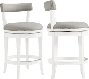 Hanover Swivel Counter Height Bar Stools, Set of 2, Memory Return Swivel, Foam Padded Faux Leather, Nailhead Trim, Rubberwood Frame, 26 in. Seat Height, White and Gray